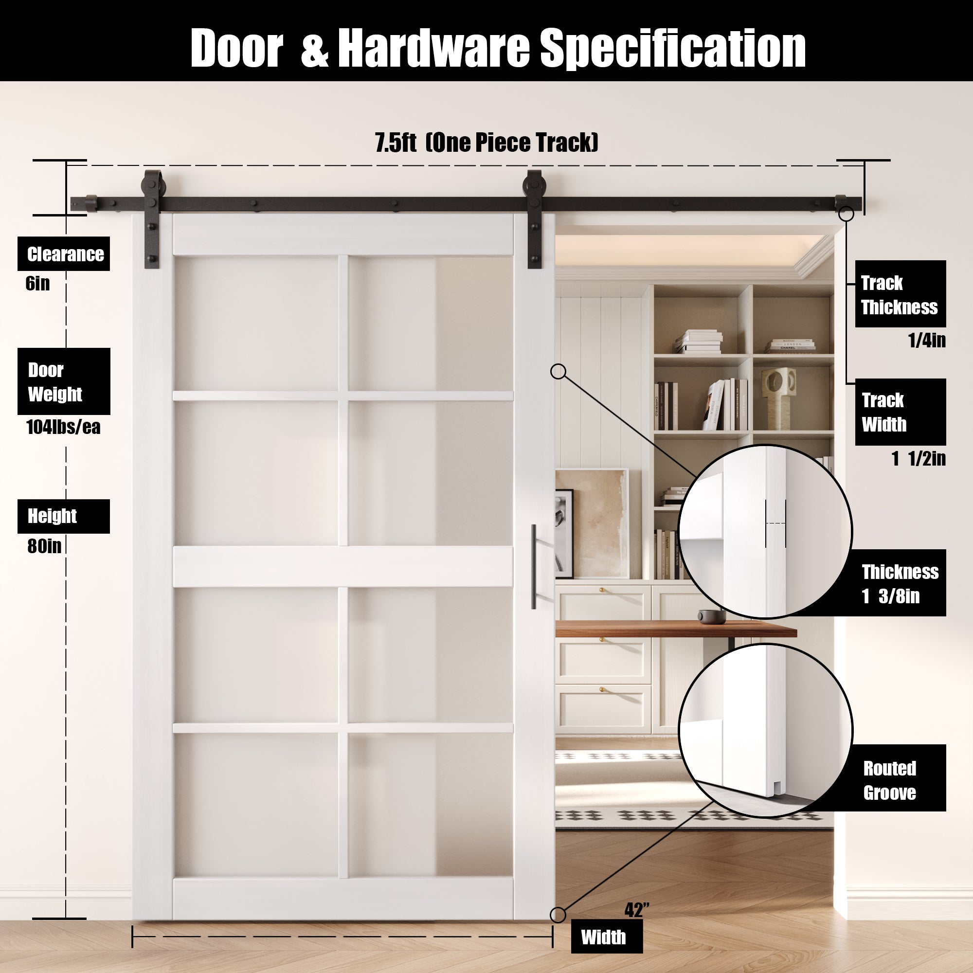80" Height White 8-Lite Frosted Glass Unassembled & Finished Pine Wood Barn Door with Non-Bypass Installation Hardware Kit (Interior Use Only)