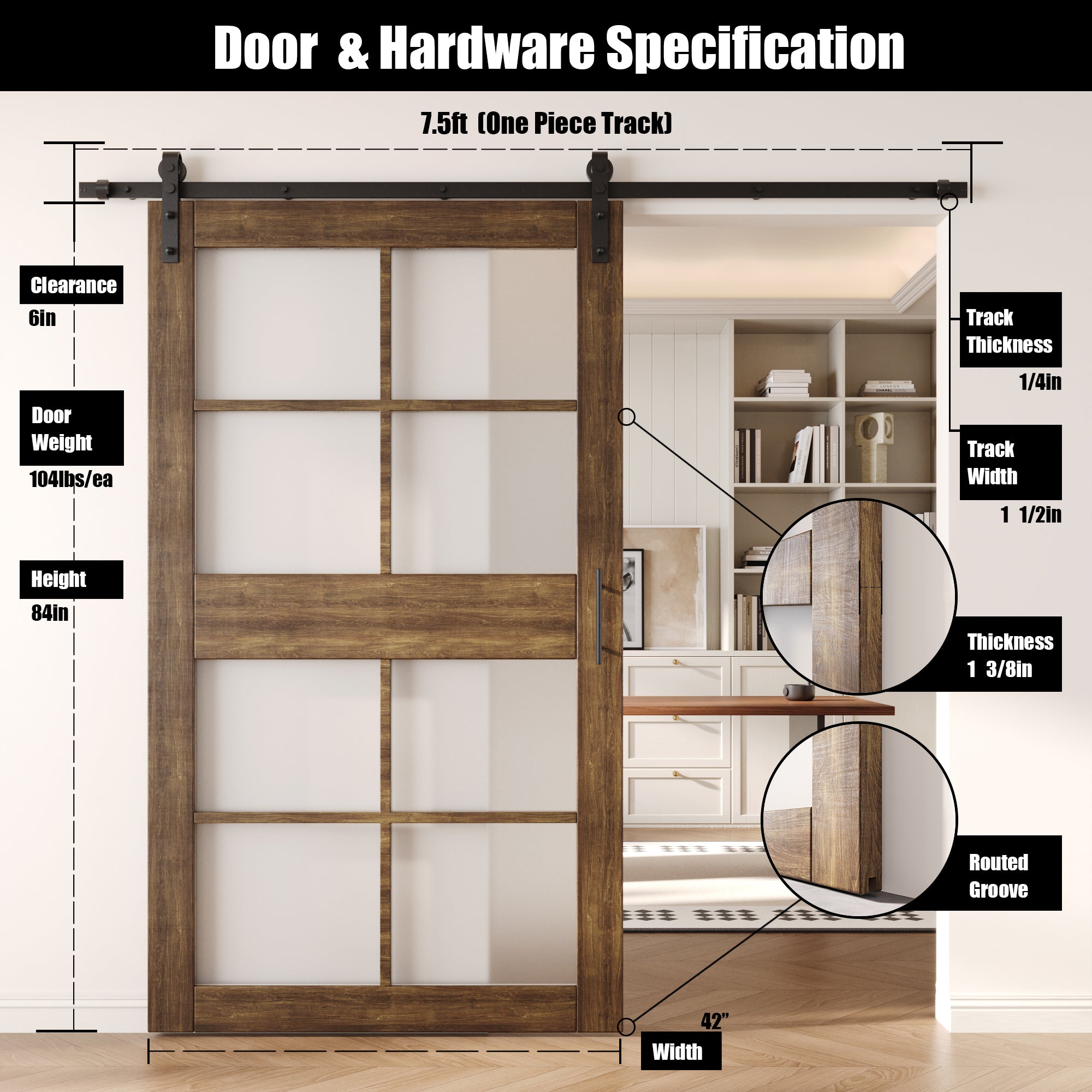 84" Height Dark Walnut 8-Lite Frosted Glass Unassembled & Finished Pine Wood Barn Door with Non-Bypass Installation Hardware Kit (Interior Use Only)