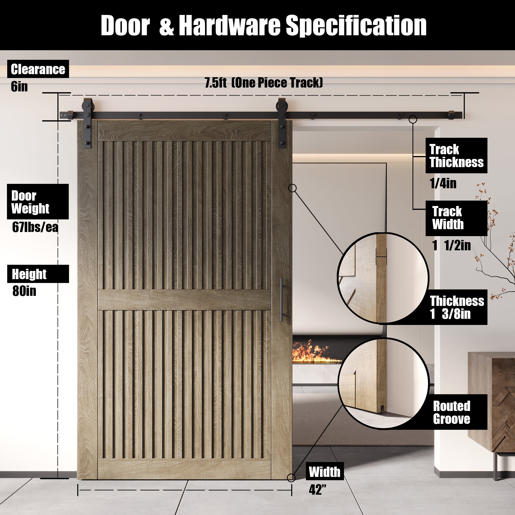 80" Height Classic Gray Vertical Stripe Design Unassembled & Finished Pine Wood Barn Door with Non-Bypass Installation Hardware Kit(Interior Use Only)