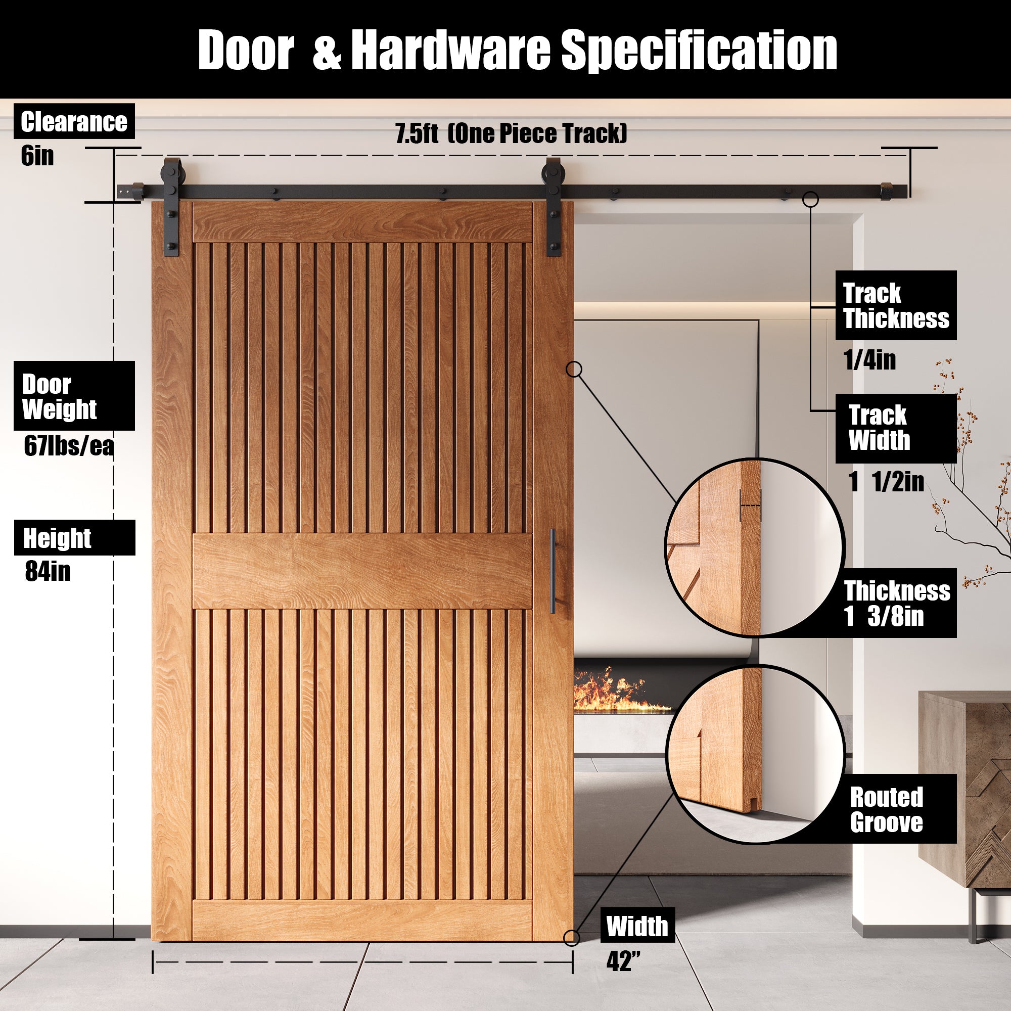84" Height Early American Vertical Stripe Design Unassembled & Finished Pine Wood Barn Door with Non-Bypass Installation Hardware Kit(Interior Use Only)