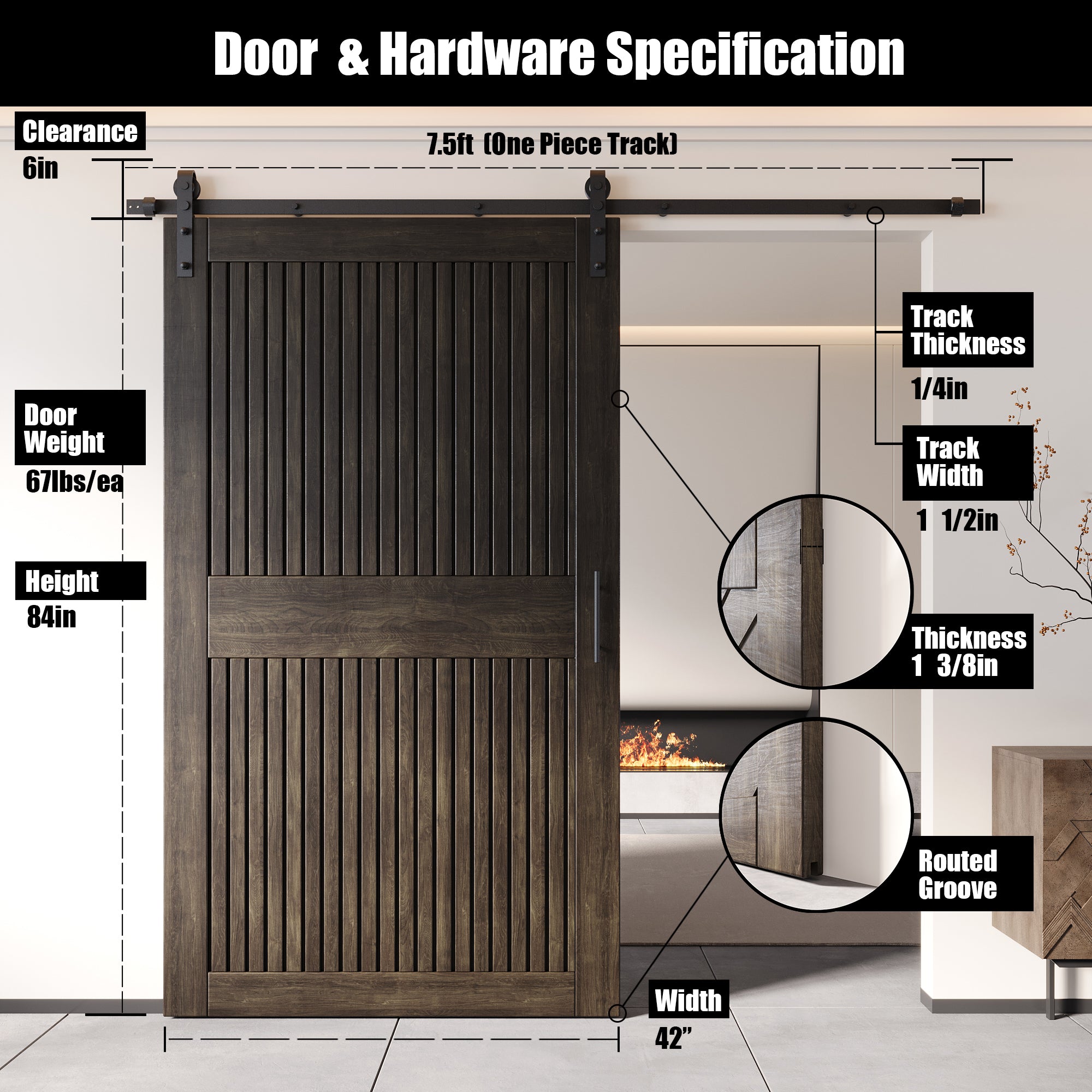 84" Height Ebony Vertical Stripe Design Unassembled & Finished Pine Wood Barn Door with Non-Bypass Installation Hardware Kit(Interior Use Only)