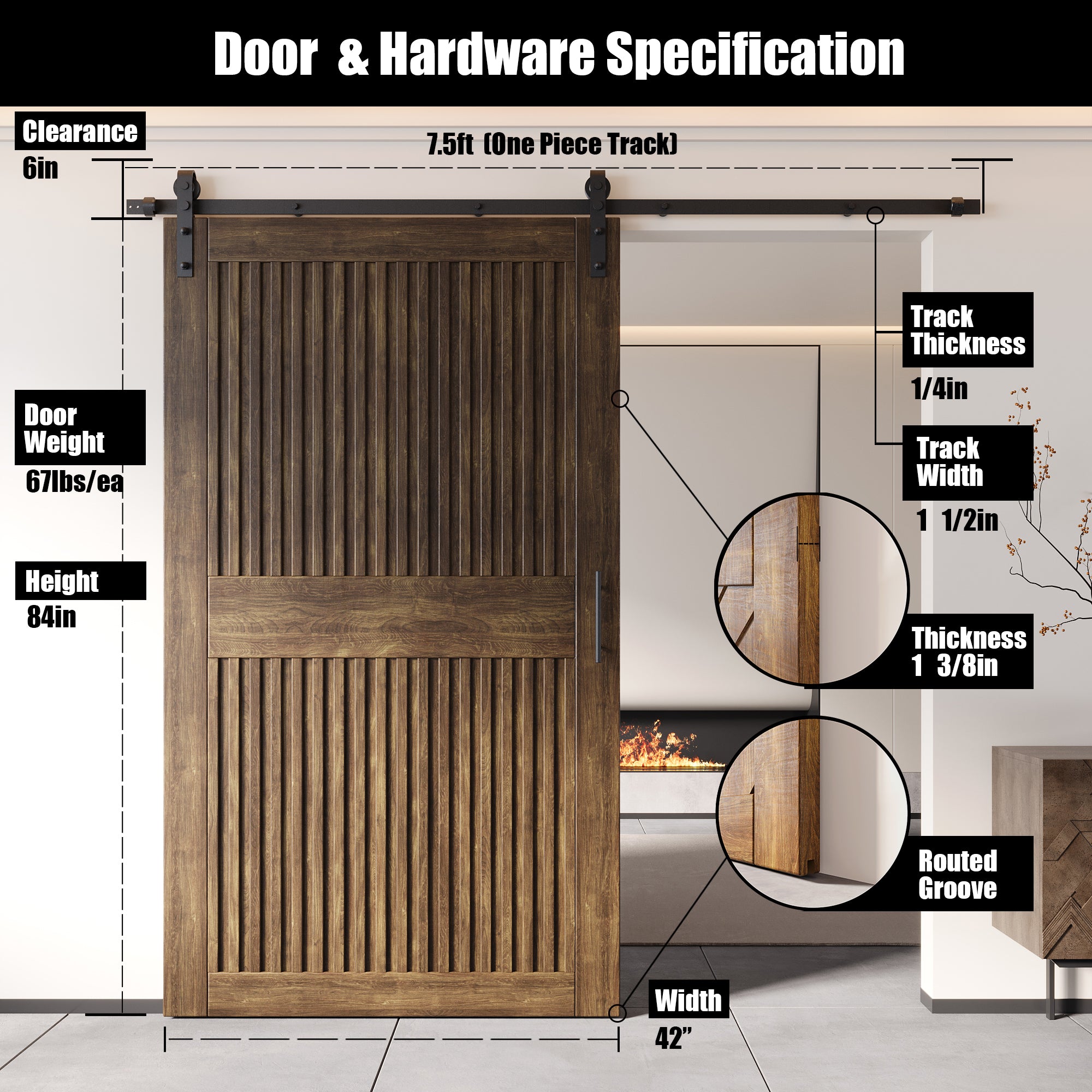 84" Height Dark Walnut Vertical Stripe Design Unassembled & Finished Pine Wood Barn Door with Non-Bypass Installation Hardware Kit(Interior Use Only)