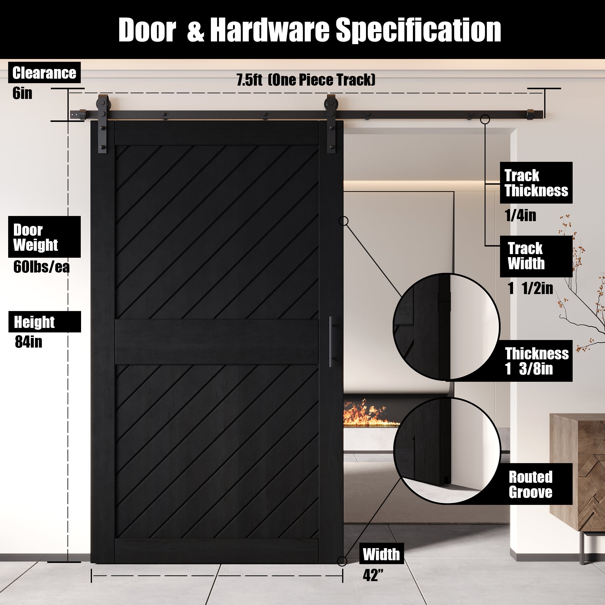 84" Height Black Slanted Stripe Design Unassembled & Finished Pine Wood Barn Door with Non-Bypass Installation Hardware Kit(Interior Use Only)