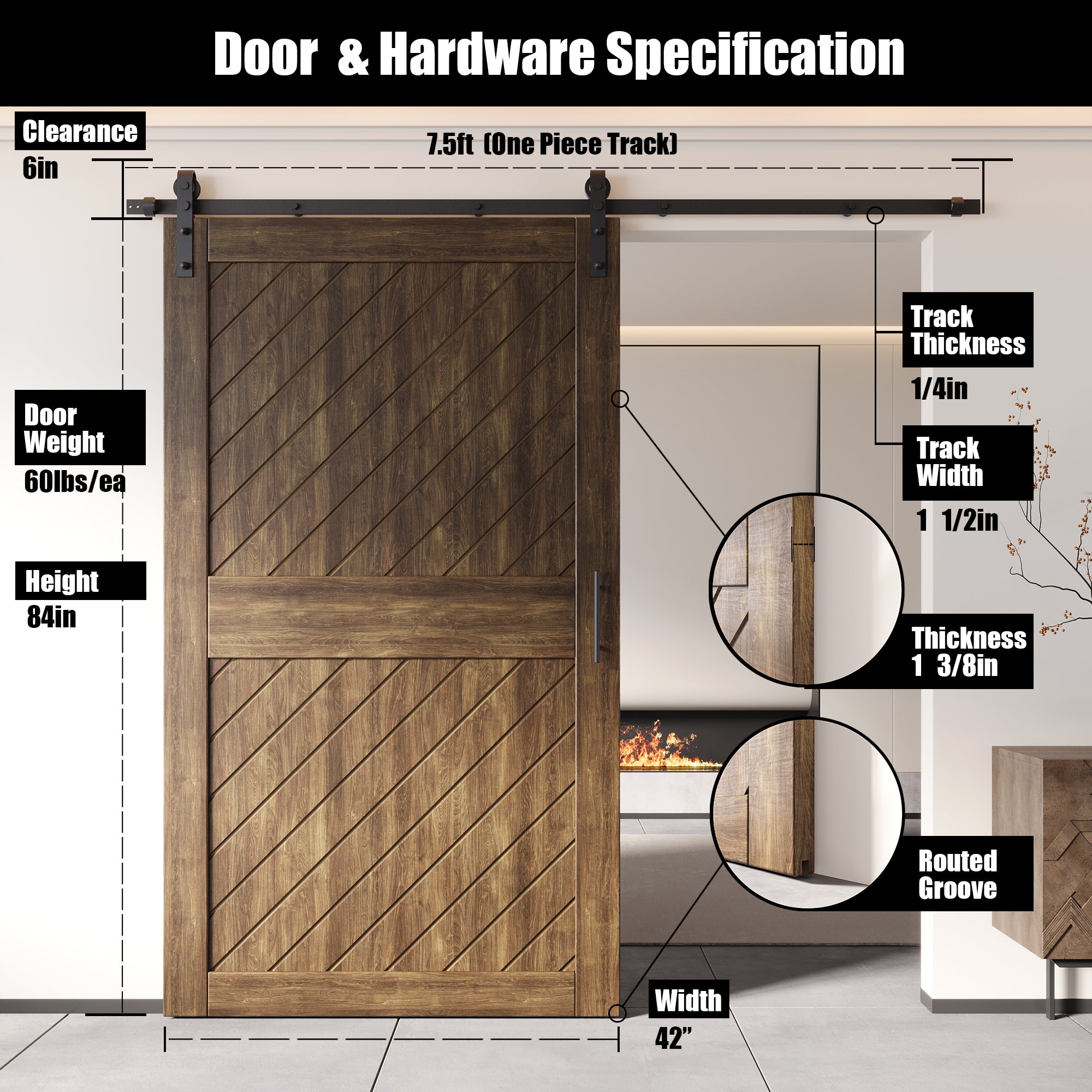interior-use 84-inch dark walnut slanted stripe pine barn door