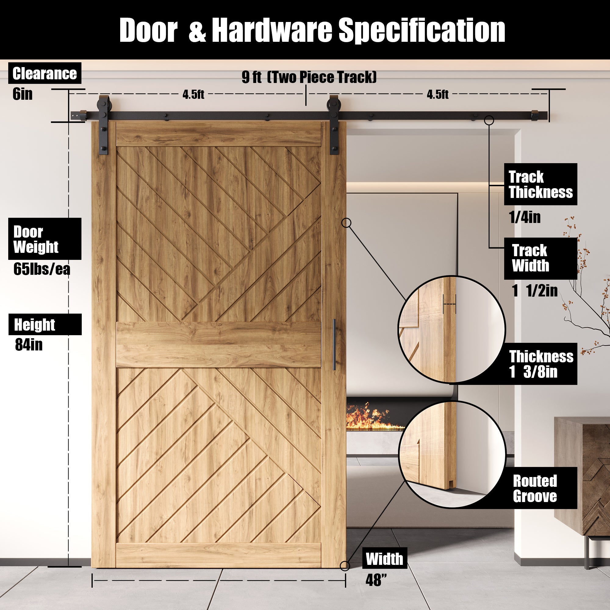 80" Height Geometric Design Unassembled & Unfinished Pine Wood Barn Door with Non-Bypass Installation Hardware Kit(Interior Use Only)