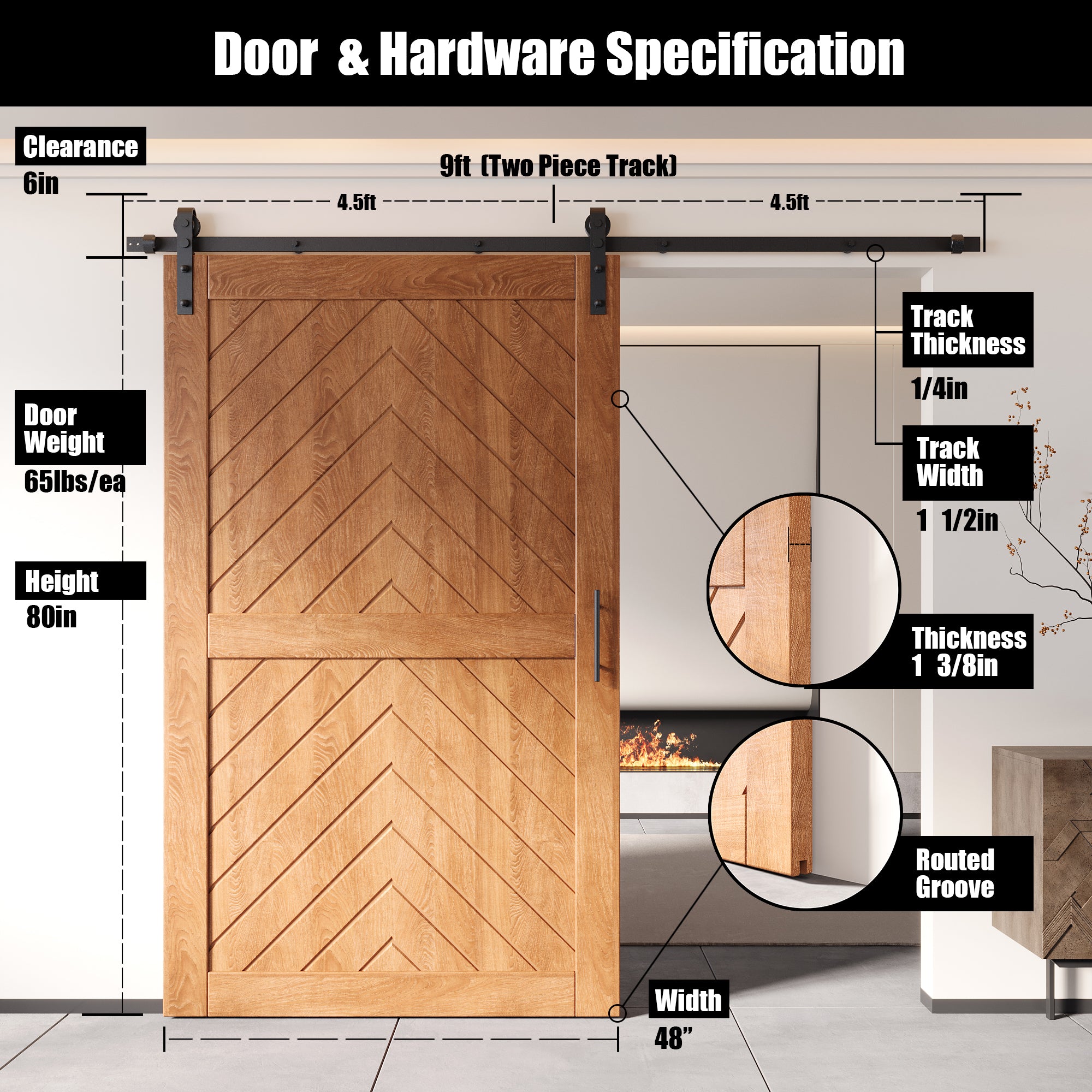 80" Height Early American Fishbone Design Unassembled & Finished Pine Wood Barn Door with Non-Bypass Installation Hardware Kit(Interior Use Only)