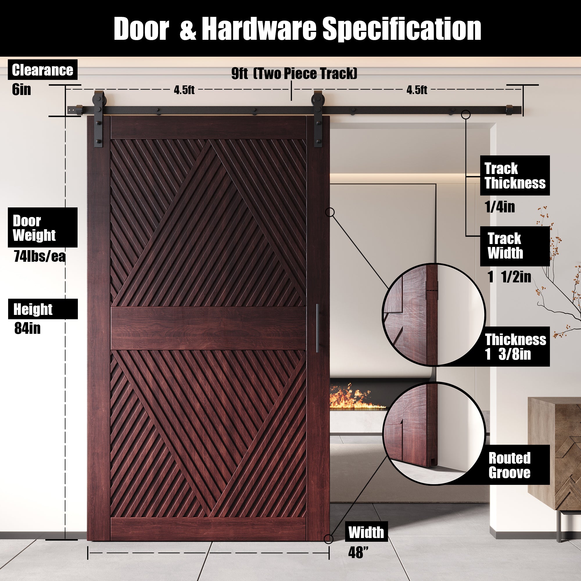 84" Height Red Mahogany Diamond Design Unassembled & Finished Pine Wood Barn Door with Non-Bypass Installation Hardware Kit(Interior Use Only)