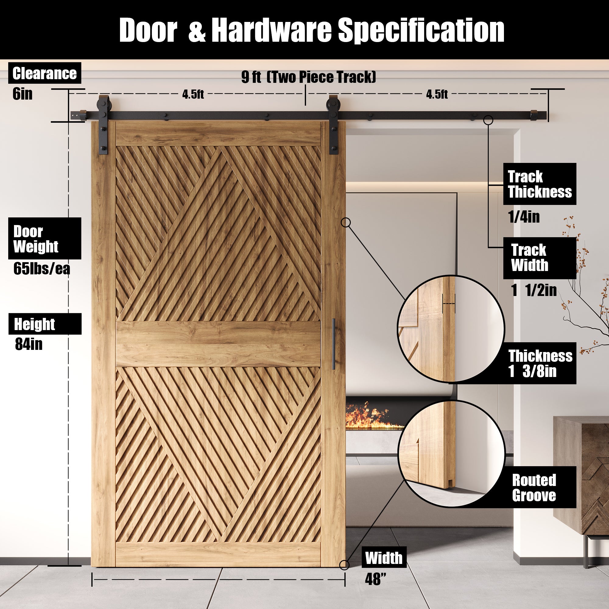 84" Height Diamond Design Unassembled & Unfinished Pine Wood Barn Door with Non-Bypass Installation Hardware Kit(Interior Use Only)