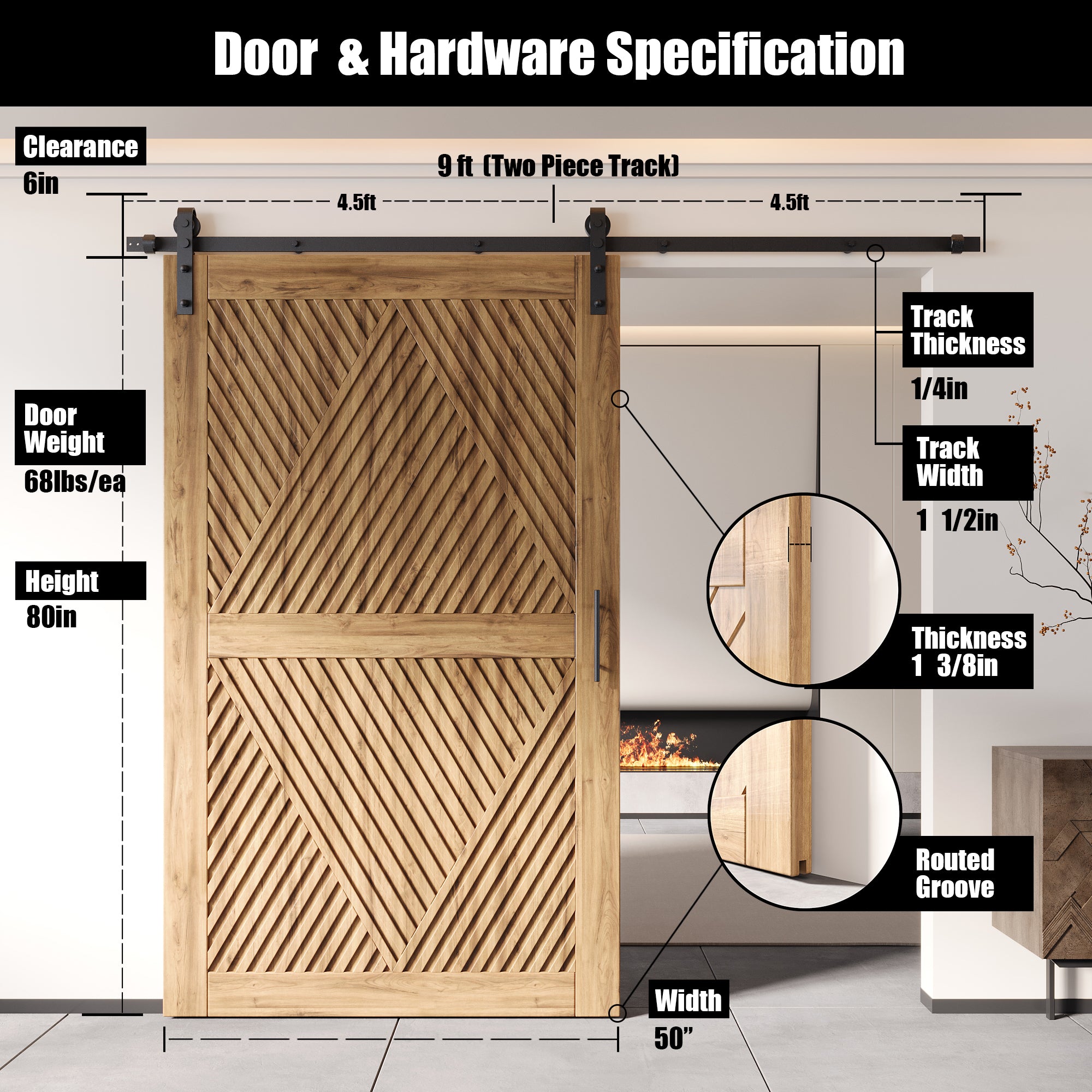 80" Height Diamond Design Unassembled & Unfinished Pine Wood Barn Door with Non-Bypass Installation Hardware Kit(Interior Use Only)