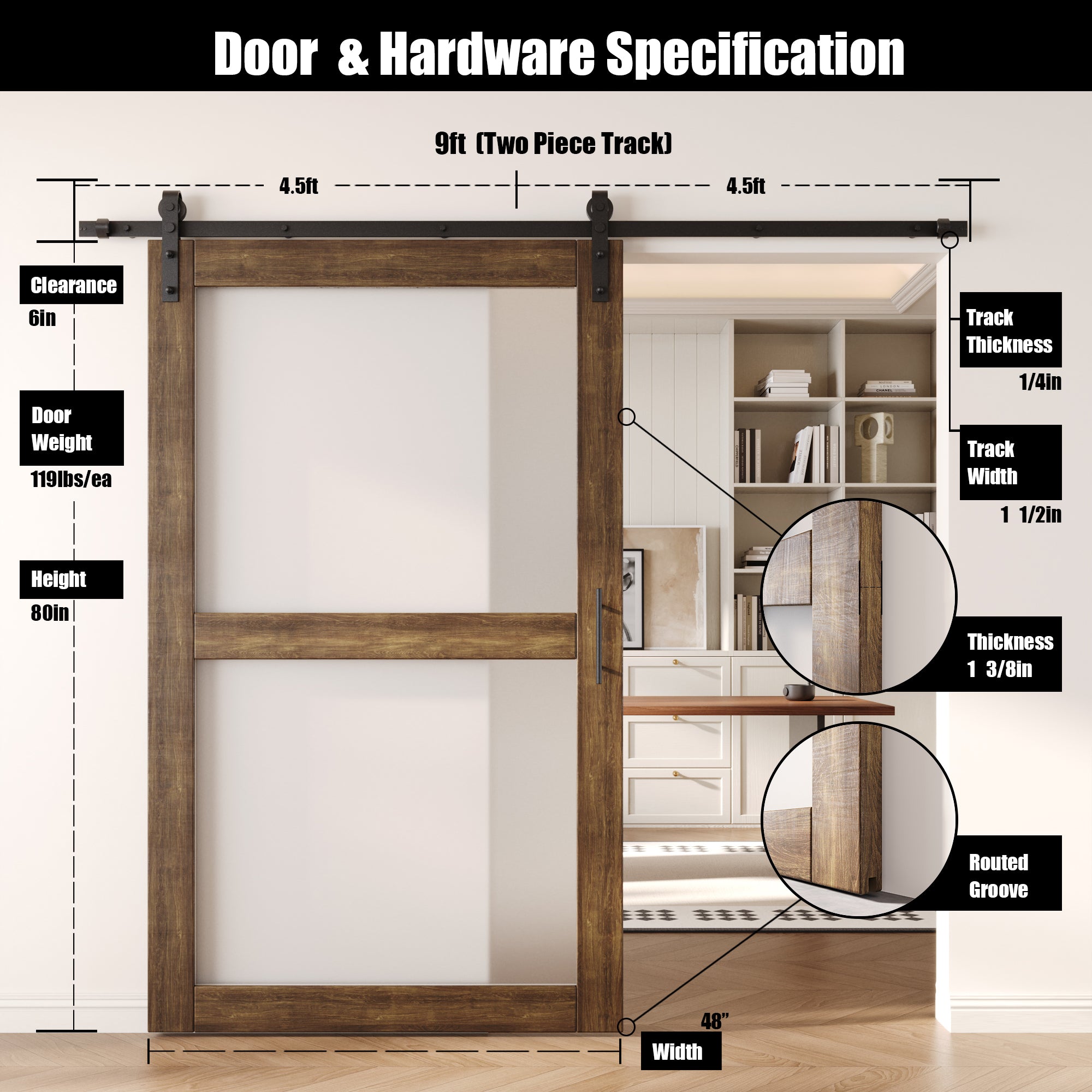 80" Height Dark Walnut 2-Lite Frosted Glass Unassembled & Finished Pine Wood Barn Door with Non-Bypass Installation Hardware Kit (Interior Use Only)