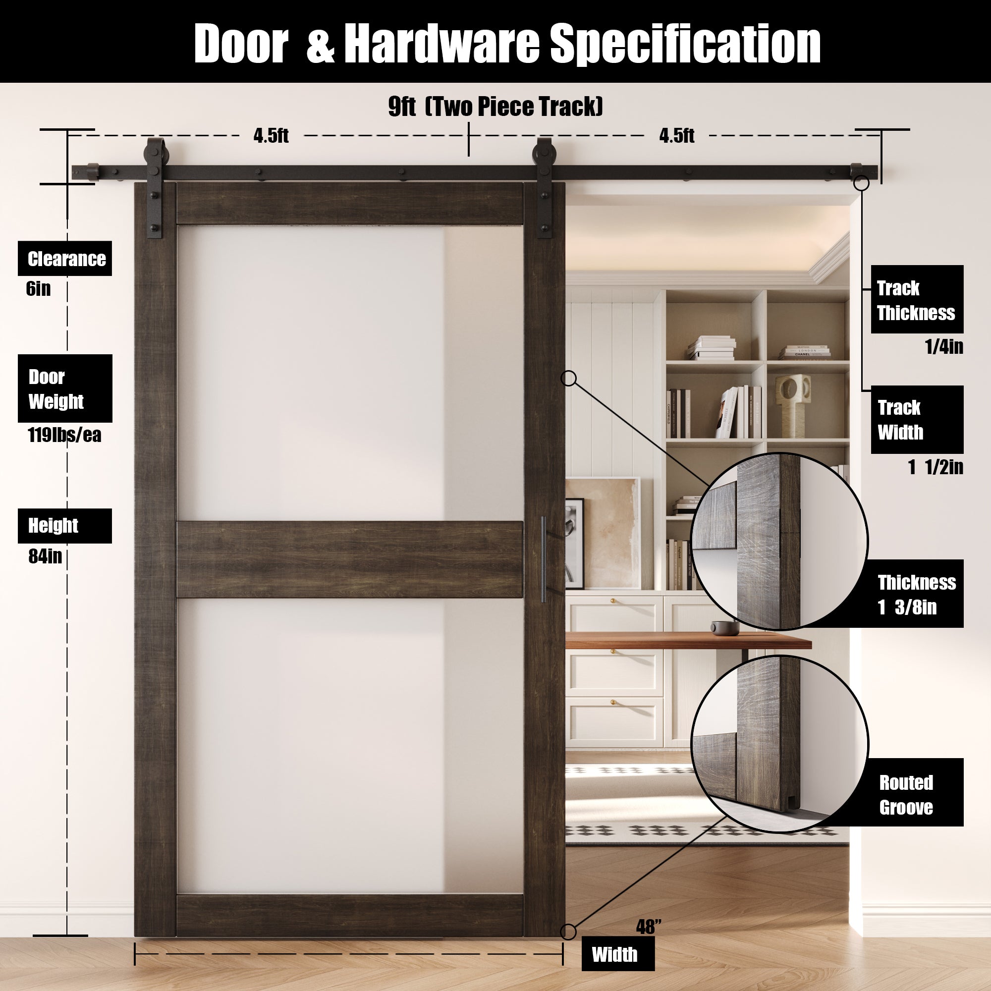 84" Height Ebony 2-Lite Frosted Glass Unassembled & Finished Pine Wood Barn Door with Non-Bypass Installation Hardware Kit (Interior Use Only)
