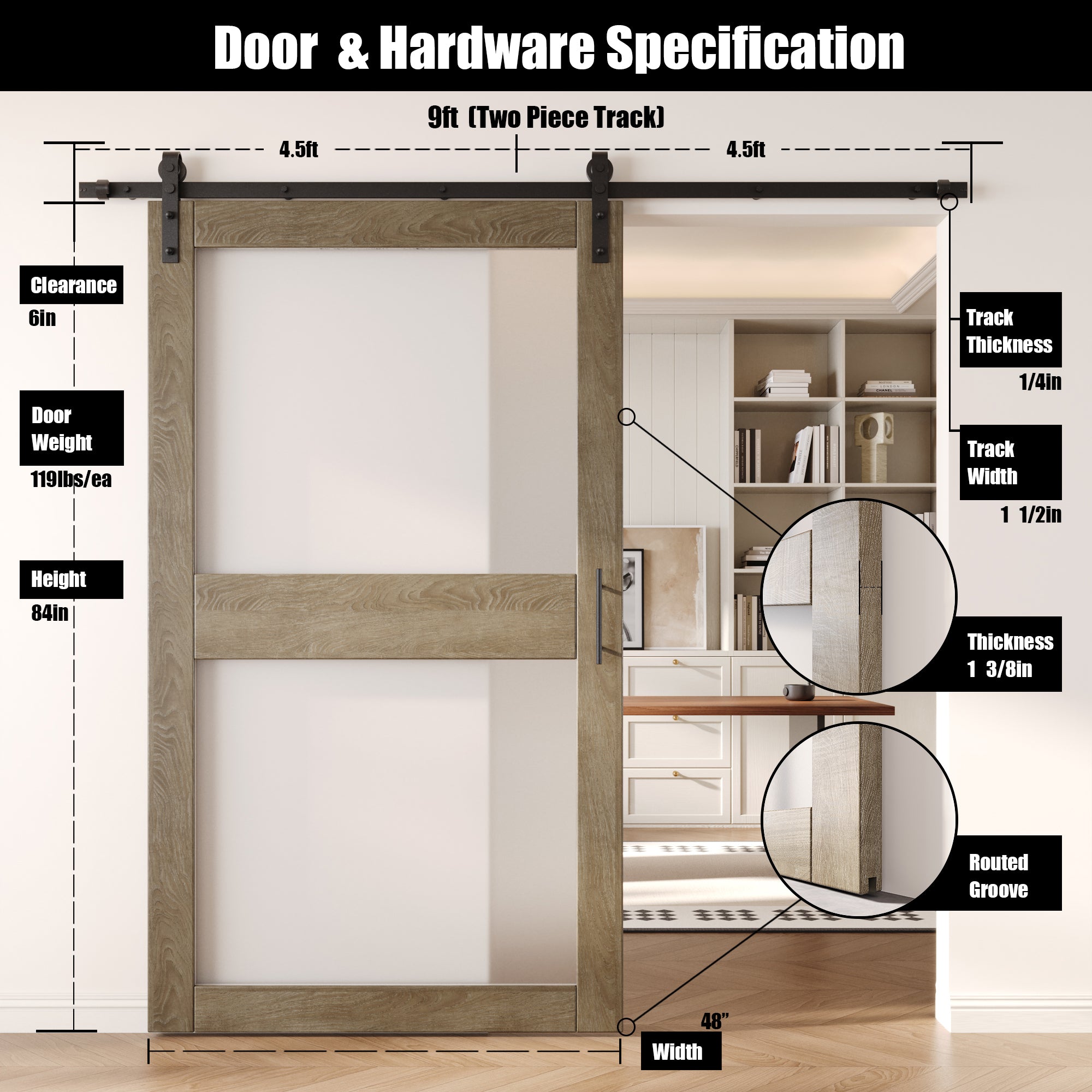 84" Height Classic Gray 2-Lite Frosted Glass Unassembled & Finished Pine Wood Barn Door with Non-Bypass Installation Hardware Kit (Interior Use Only)