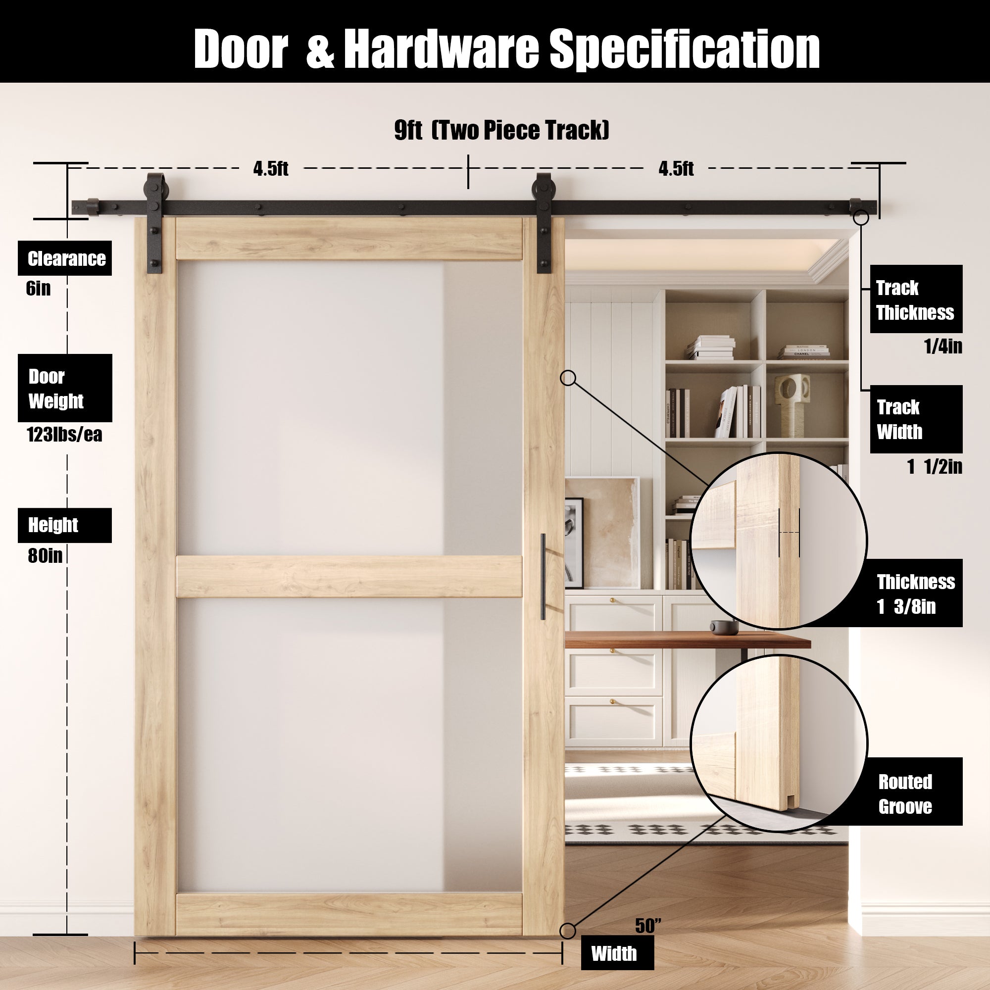 80" Height 2-Lite Frosted Glass Unassembled & Unfinished Pine Wood Barn Door with Non-Bypass Installation Hardware Kit (Interior Use Only)