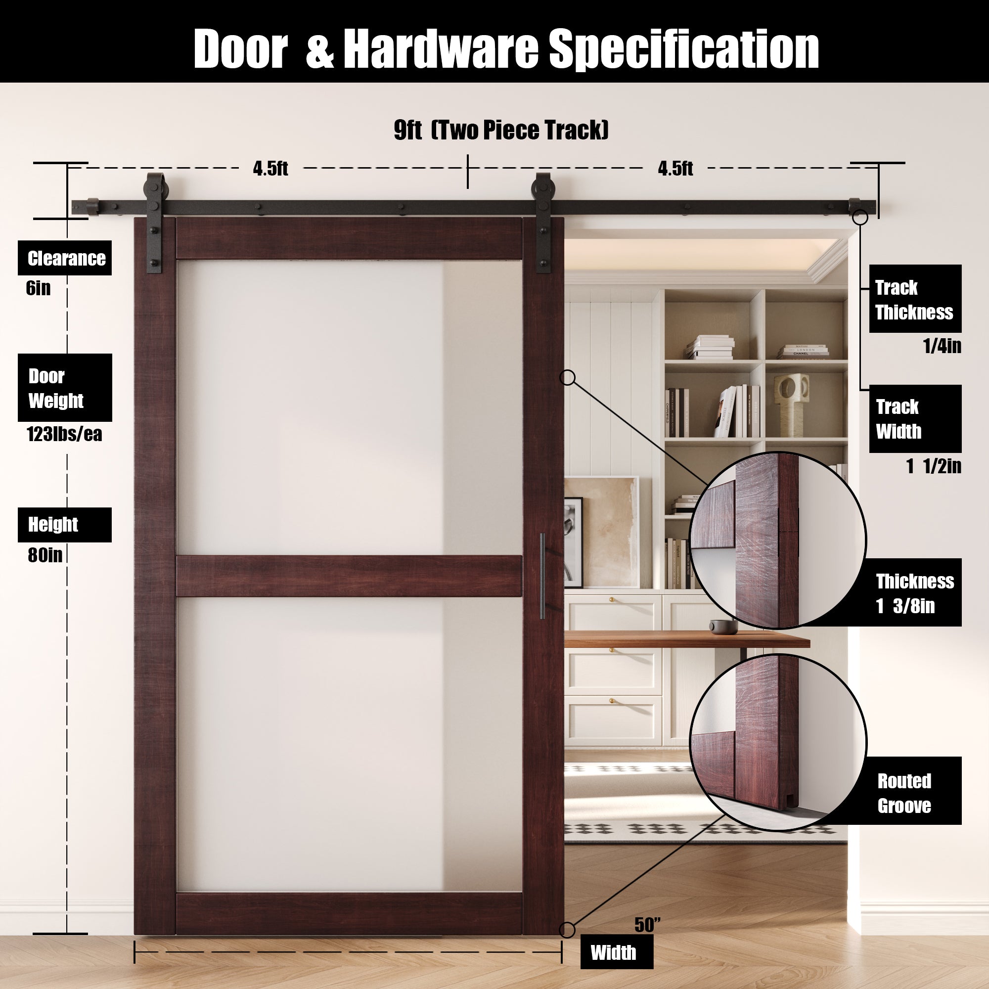 80" Height Red Mahogany 2-Lite Frosted Glass Unassembled & Finished Pine Wood Barn Door with Non-Bypass Installation Hardware Kit (Interior Use Only)
