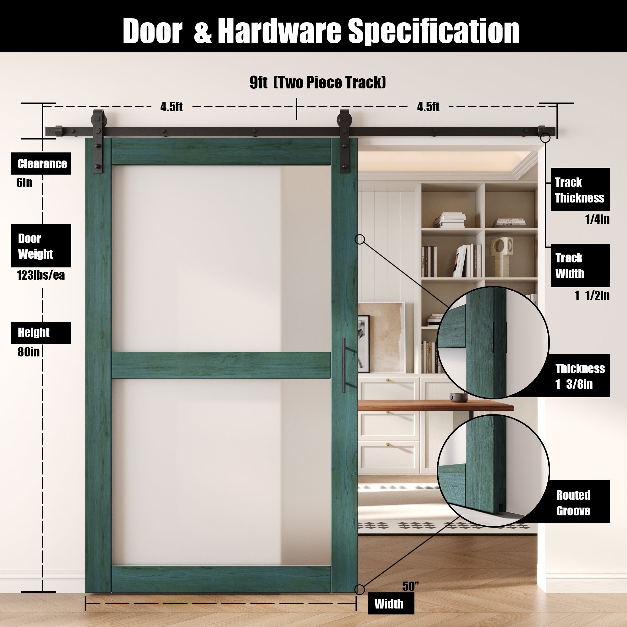 80" Height Royal Pine 2-Lite Frosted Glass Unassembled & Finished Pine Wood Barn Door with Non-Bypass Installation Hardware Kit (Interior Use Only)