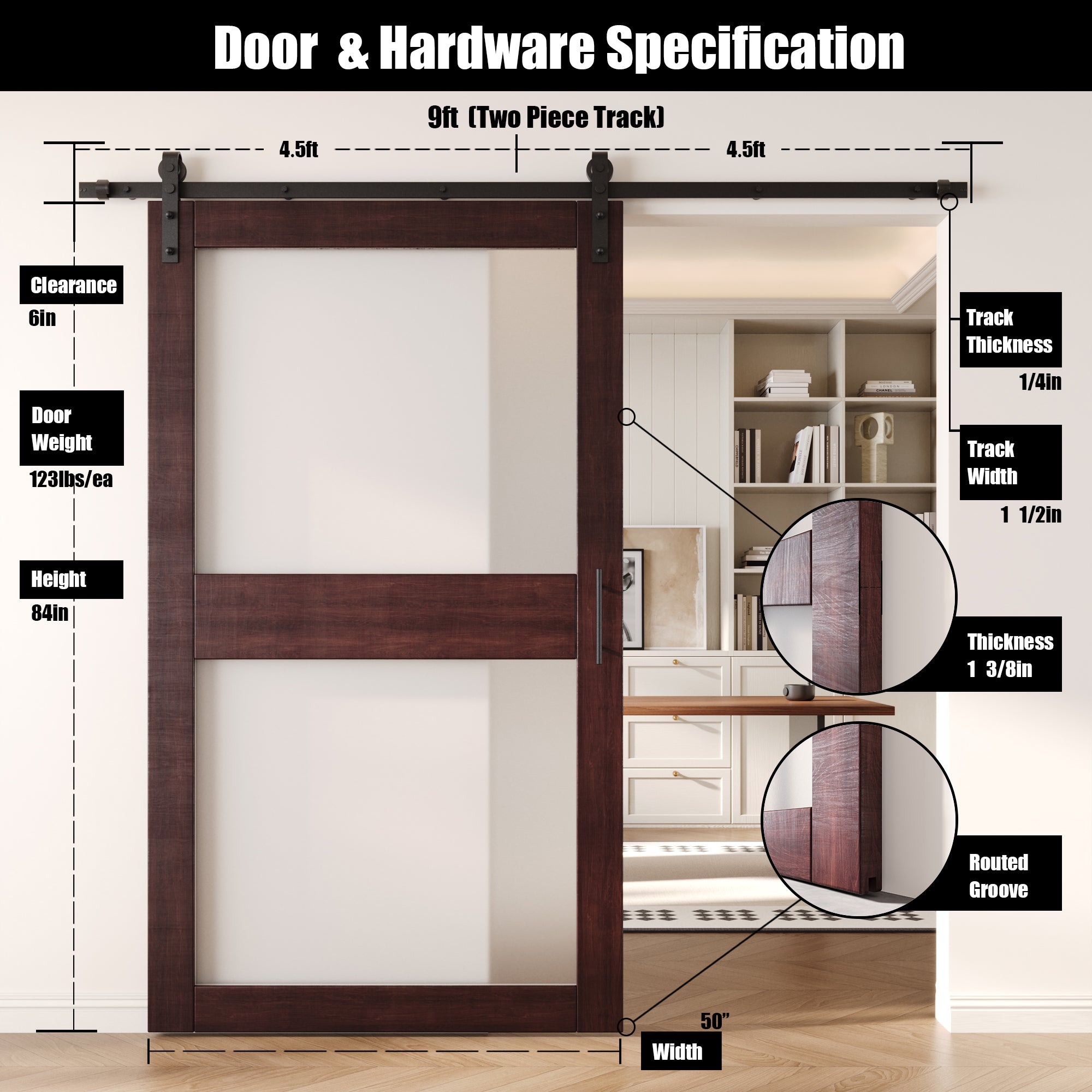 84" Height Red Mahogany 2-Lite Frosted Glass Unassembled & Finished Pine Wood Barn Door with Non-Bypass Installation Hardware Kit (Interior Use Only)
