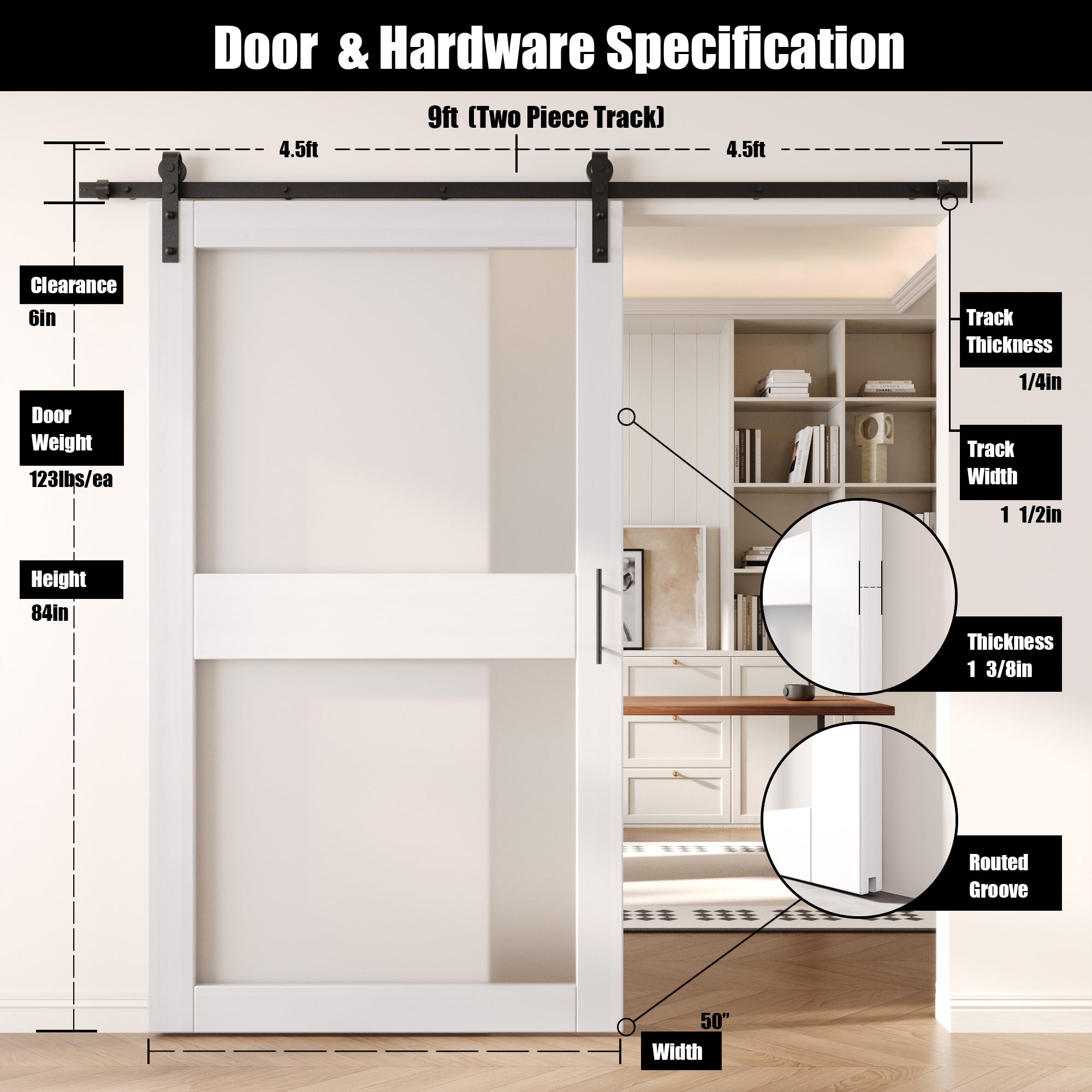 84" Height White 2-Lite Frosted Glass Unassembled & Finished Pine Wood Barn Door with Non-Bypass Installation Hardware Kit (Interior Use Only)