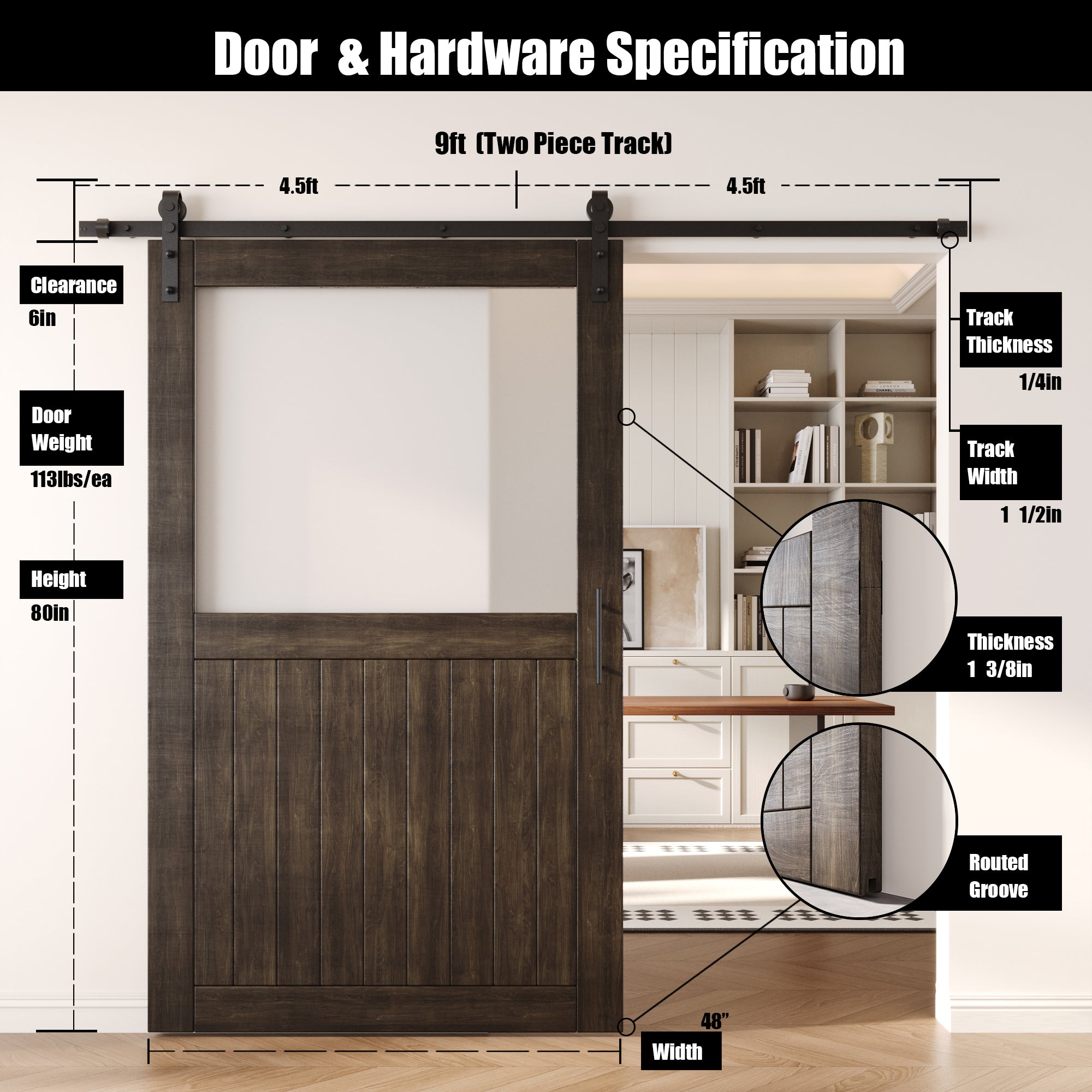 80" Height Ebony Half Lite Frosted Glass Unassembled & Finished Pine Wood Barn Door with Non-Bypass Installation Hardware Kit (Interior Use Only)