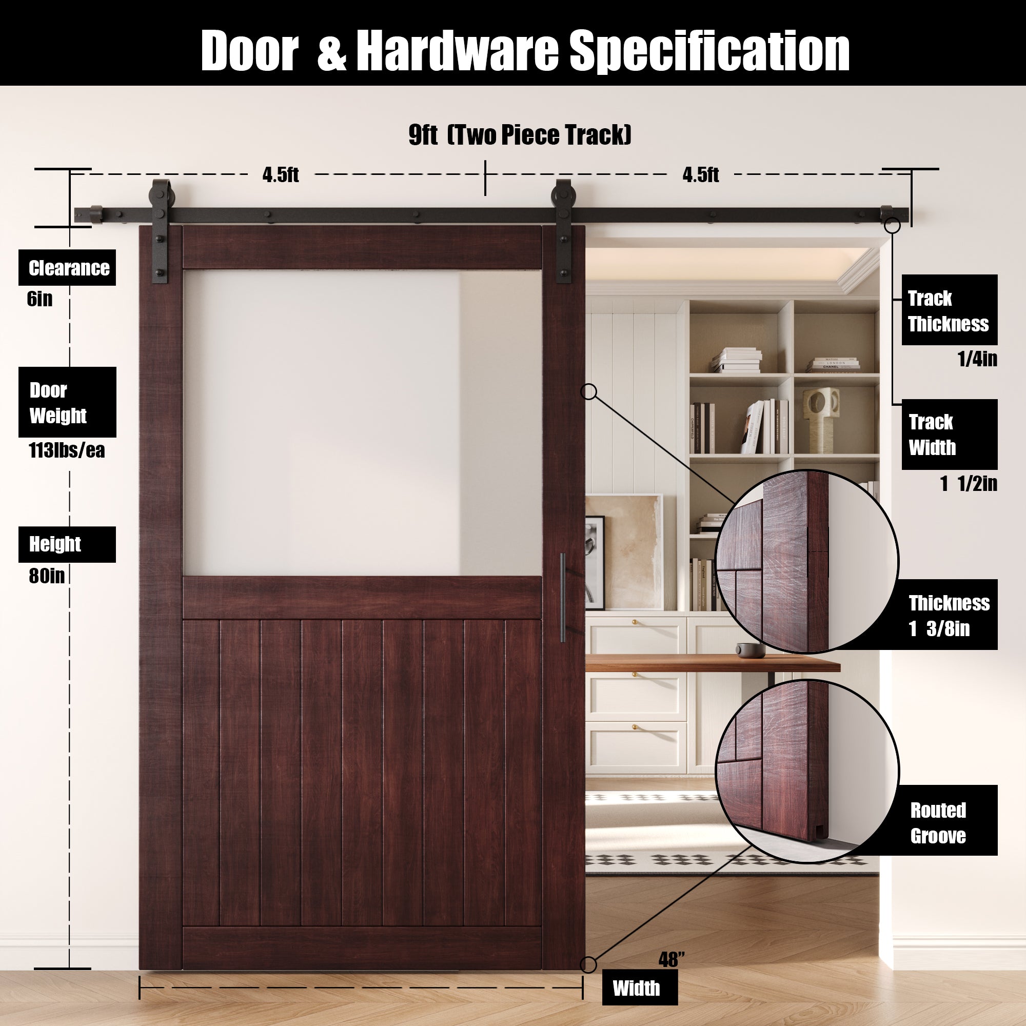 80" Height Red Mahogany Half Lite Frosted Glass Unassembled & Finished Pine Wood Barn Door with Non-Bypass Installation Hardware Kit (Interior Use Only)