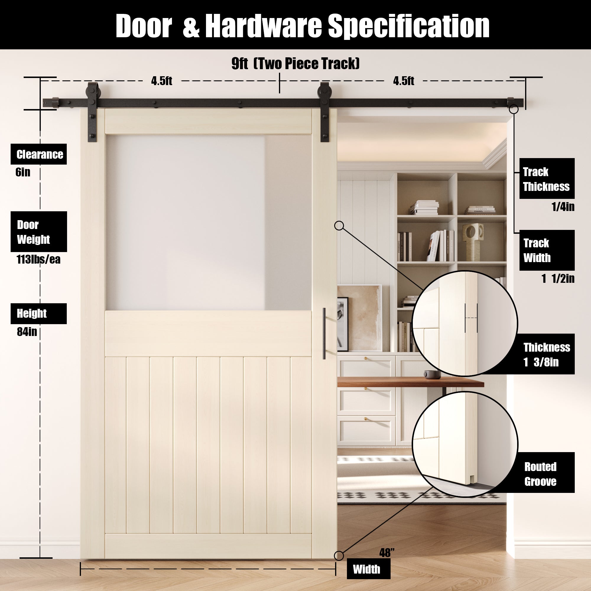 84" Height Tinsmith Gray Half Lite Frosted Glass Unassembled & Finished Pine Wood Barn Door with Non-Bypass Installation Hardware Kit (Interior Use Only)