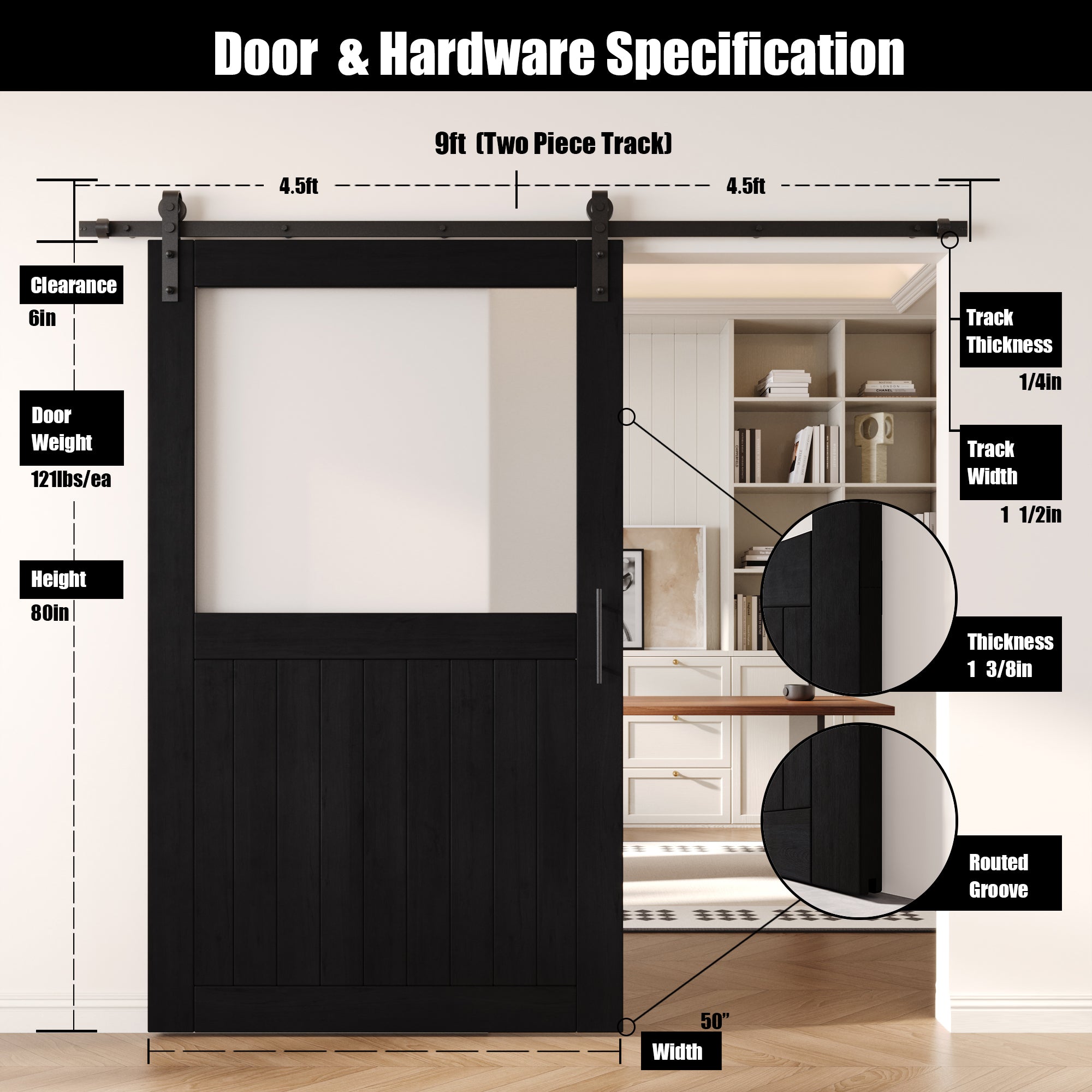 80" Height Black Half Lite Frosted Glass Unassembled & Finished Pine Wood Barn Door with Non-Bypass Installation Hardware Kit (Interior Use Only)