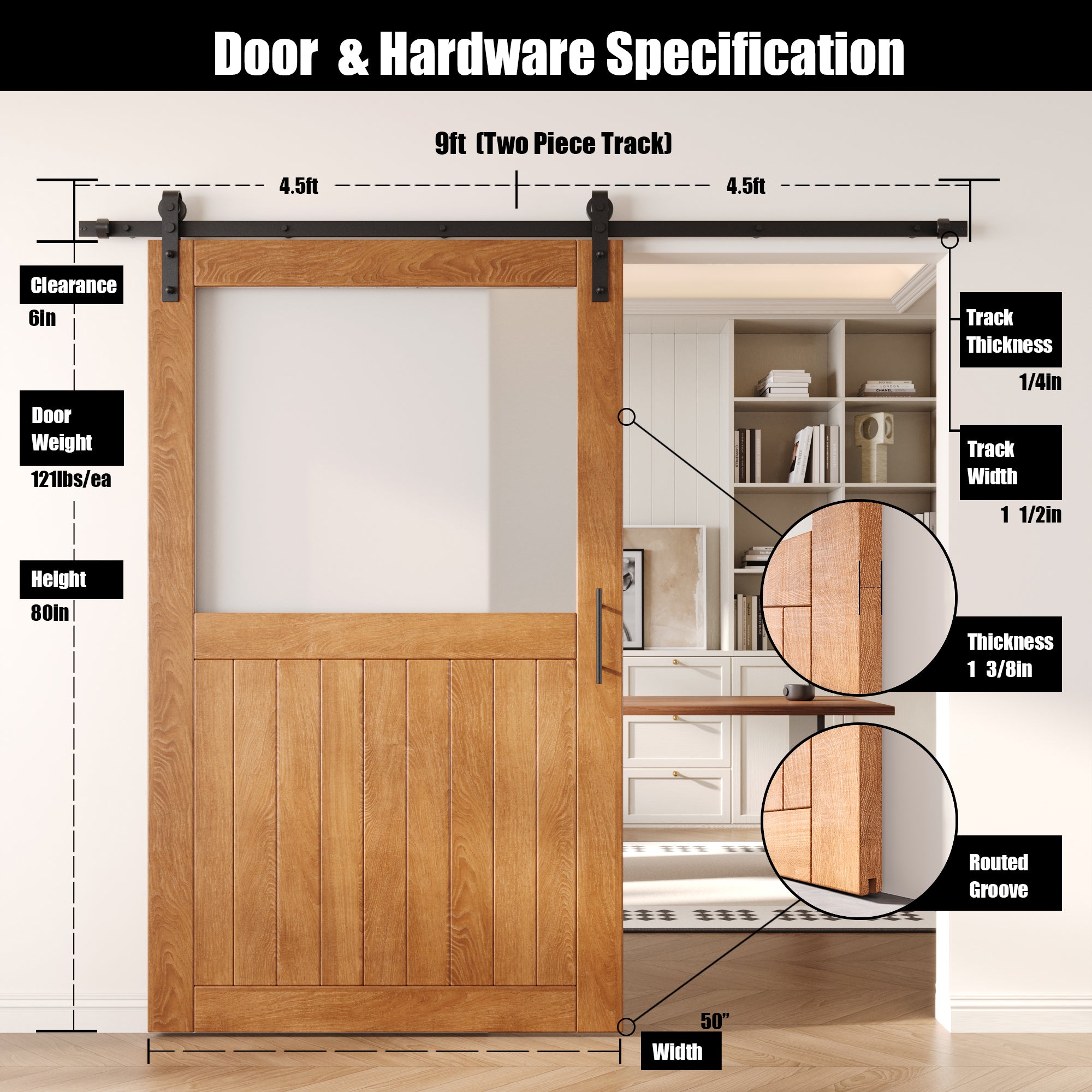 80" Height Early American Half Lite Frosted Glass Unassembled & Finished Pine Wood Barn Door with Non-Bypass Installation Hardware Kit (Interior Use Only)