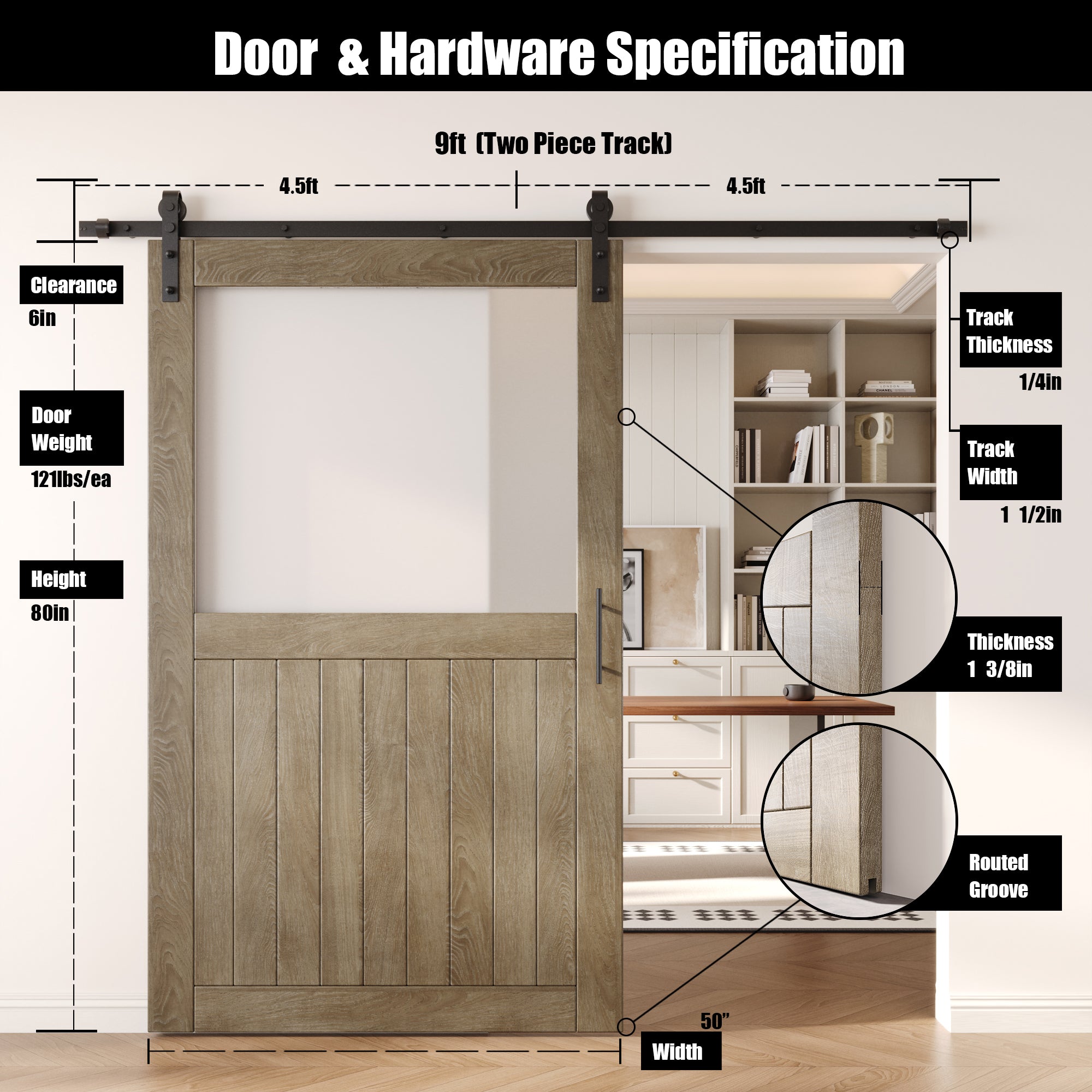 80" Height Classic Gray Half Lite Frosted Glass Unassembled & Finished Pine Wood Barn Door with Non-Bypass Installation Hardware Kit (Interior Use Only)