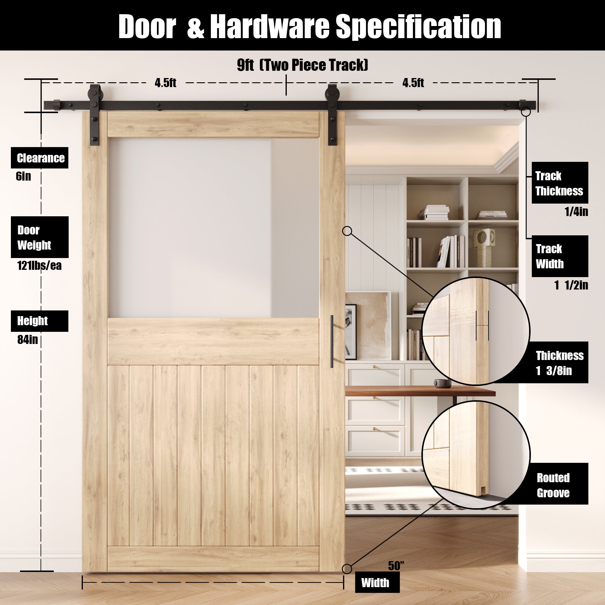 84" Height Half Lite Frosted Glass Unassembled & Unfinished Pine Wood Barn Door with Non-Bypass Installation Hardware Kit (Interior Use Only)