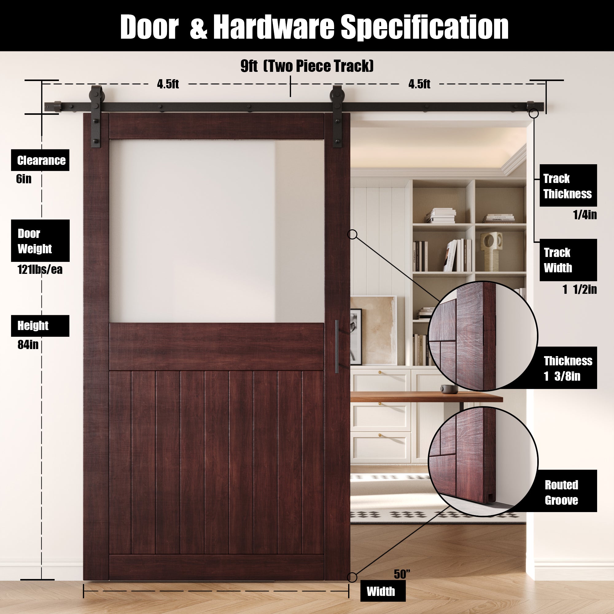 84" Height Red Mahogany Half Lite Frosted Glass Unassembled & Finished Pine Wood Barn Door with Non-Bypass Installation Hardware Kit (Interior Use Only)