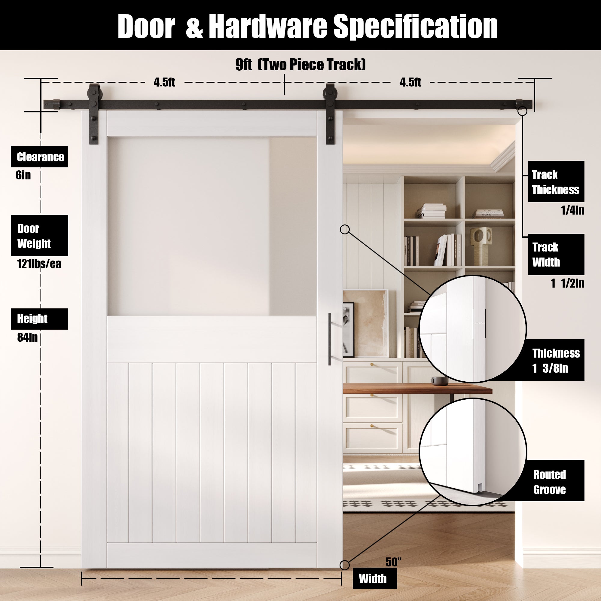 84" Height White Half Lite Frosted Glass Unassembled & Finished Pine Wood Barn Door with Non-Bypass Installation Hardware Kit (Interior Use Only)