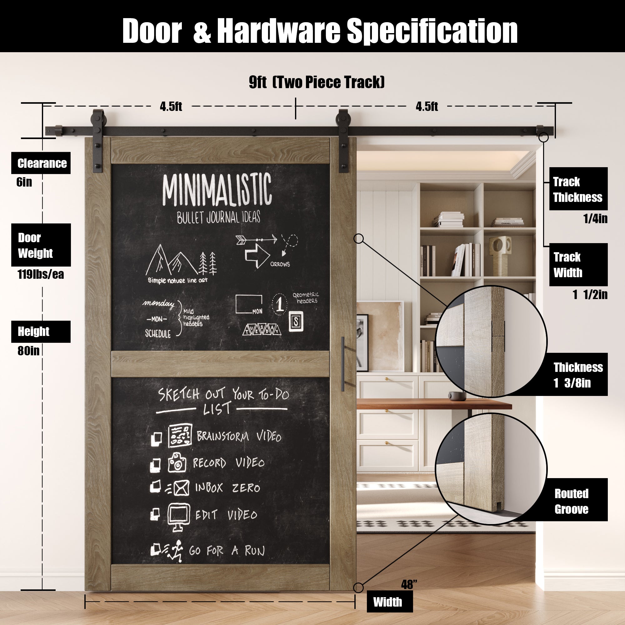 80" Height Classic Gray Chalkboard Design Unassembled & Finished Pine Wood Barn Door with Non-Bypass Installation Hardware Kit (Interior Use Only)