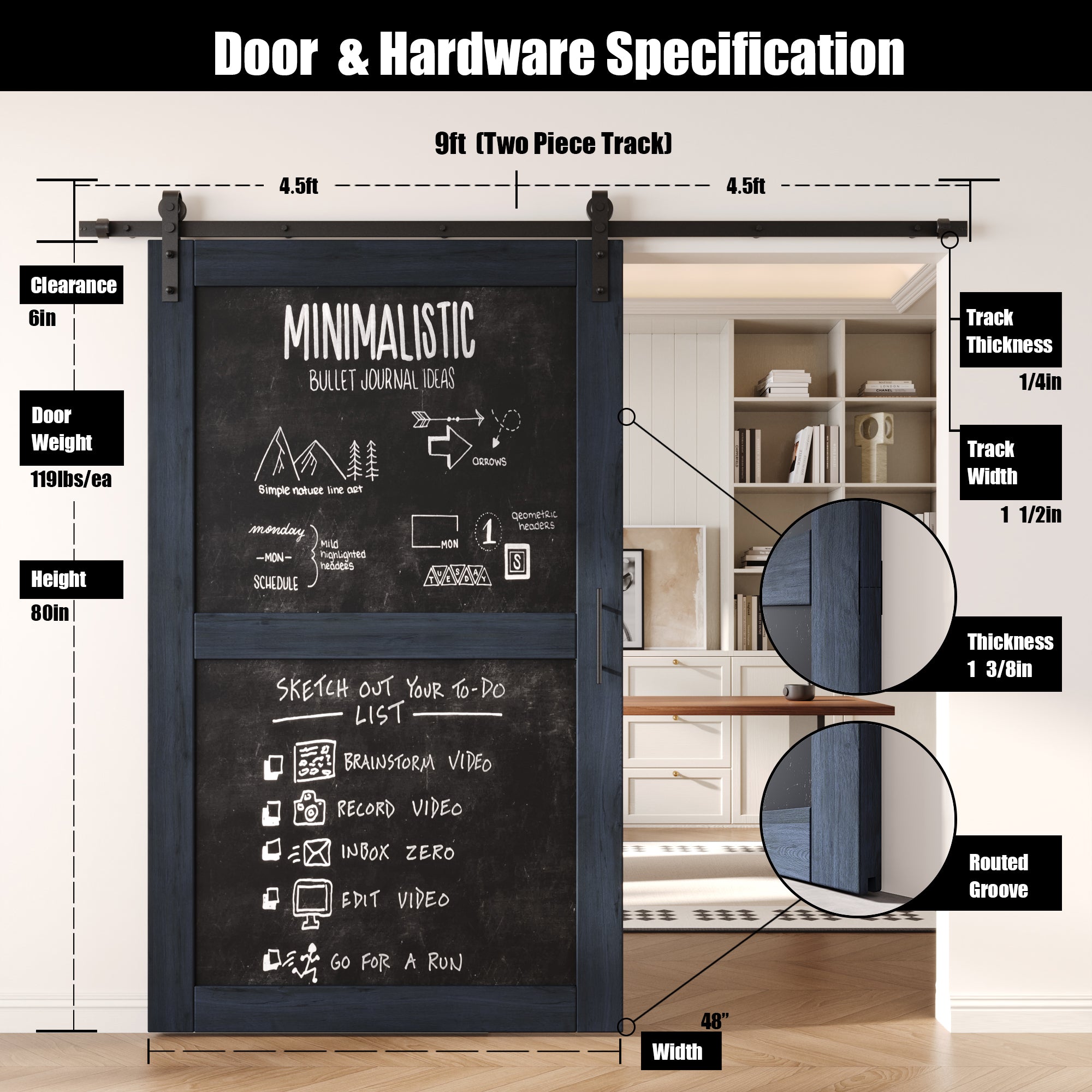 80" Height Navy Chalkboard Design Unassembled & Finished Pine Wood Barn Door with Non-Bypass Installation Hardware Kit (Interior Use Only)