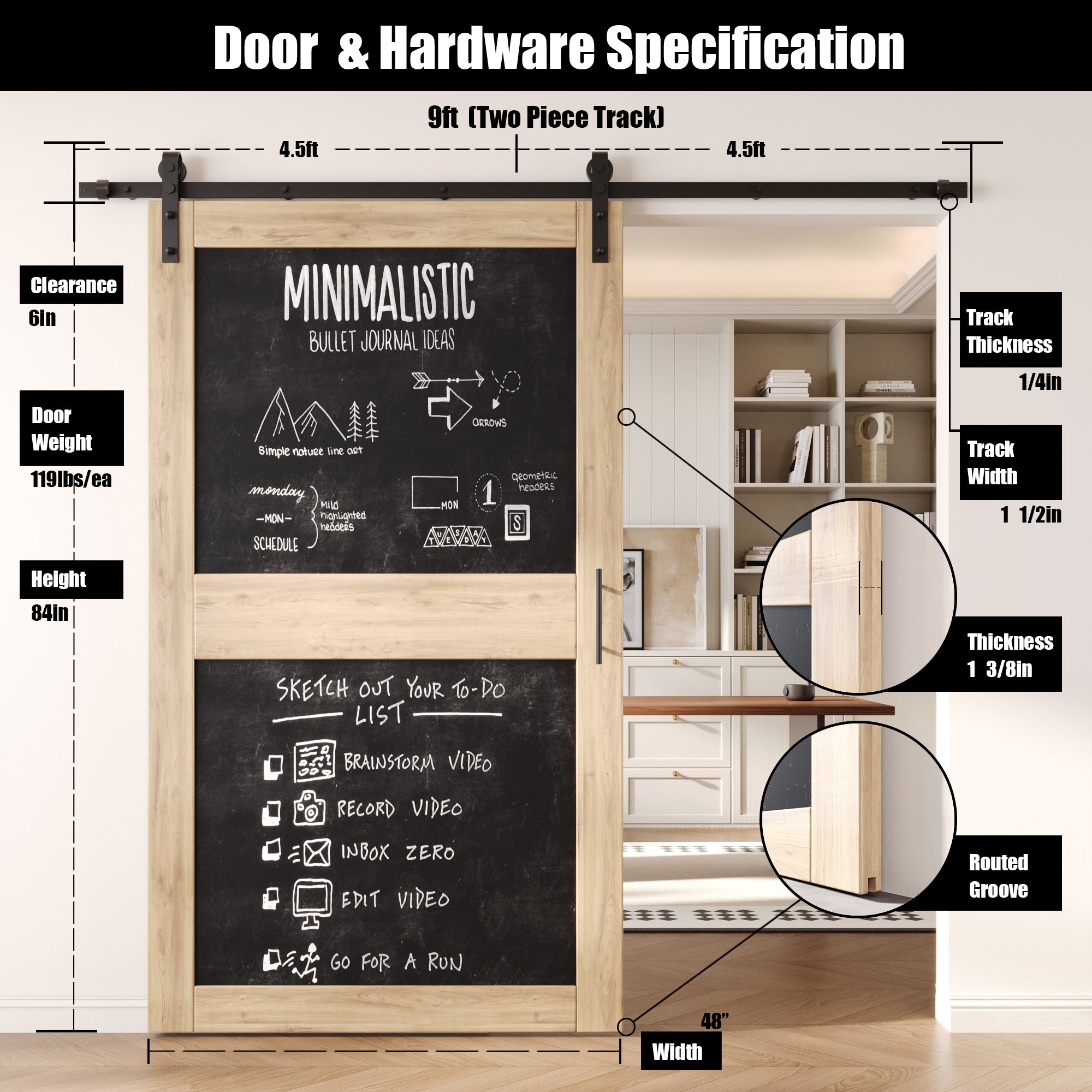 84" Height Design Chalkboard Unassembled & Unfinished Pine Wood Barn Door with Non-Bypass Installation Hardware Kit (Interior Use Only)