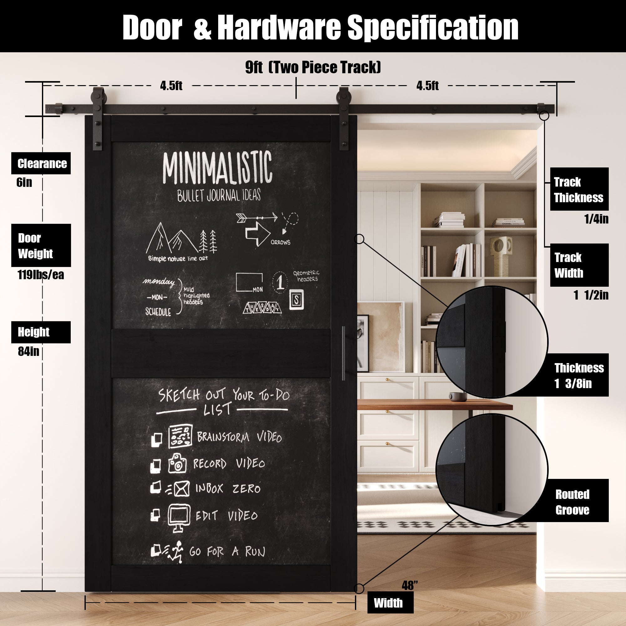 84" Height Black Chalkboard Design Unassembled & Finished Pine Wood Barn Door with Non-Bypass Installation Hardware Kit (Interior Use Only)