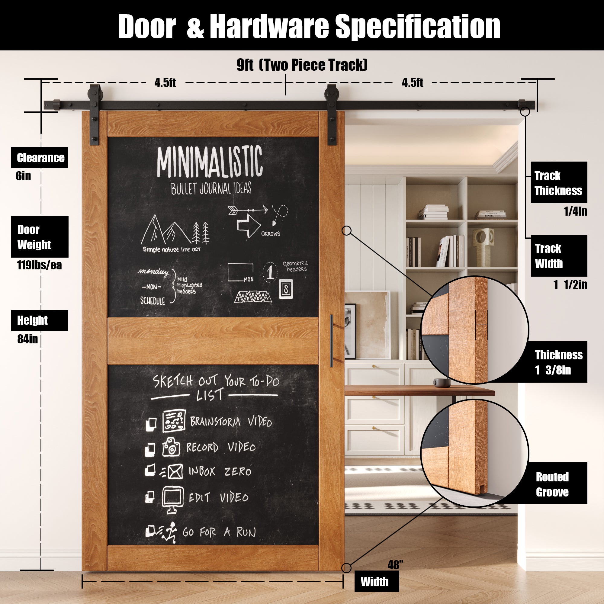 84" Height Early American Chalkboard Design Unassembled & Finished Pine Wood Barn Door with Non-Bypass Installation Hardware Kit (Interior Use Only)