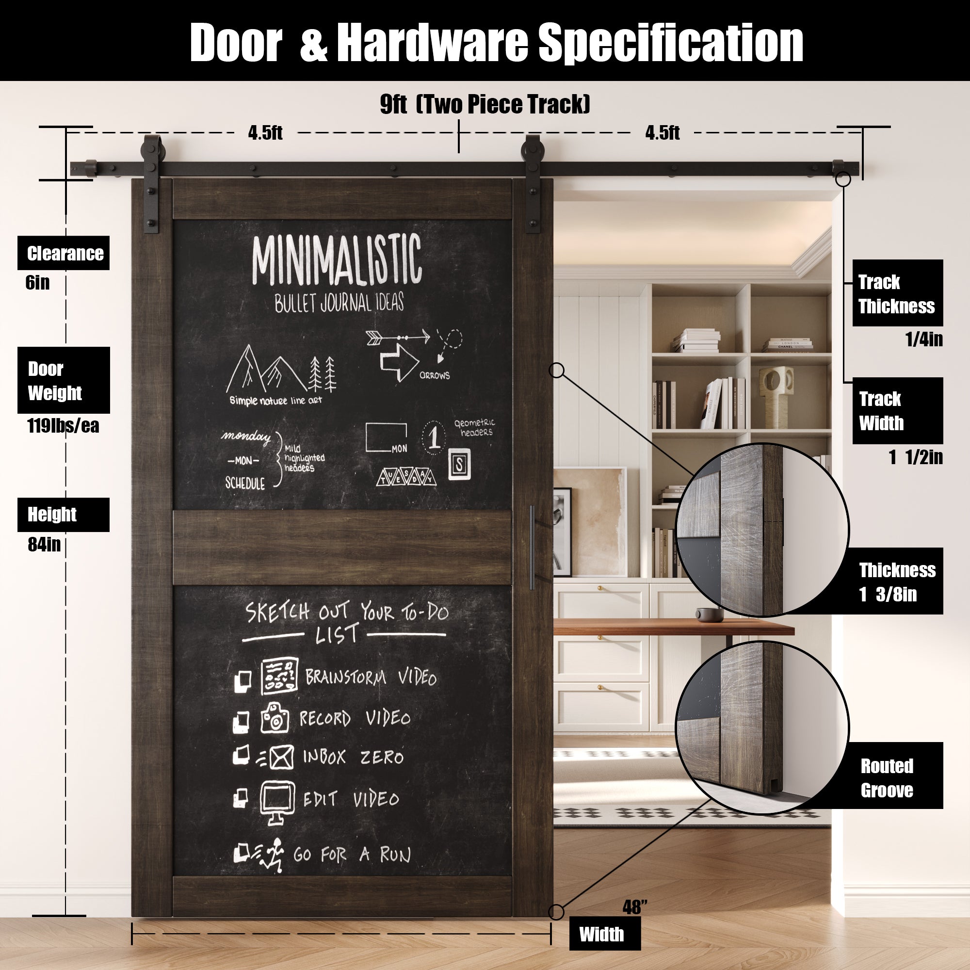 84" Height Ebony Chalkboard Design Unassembled & Finished Pine Wood Barn Door with Non-Bypass Installation Hardware Kit (Interior Use Only)
