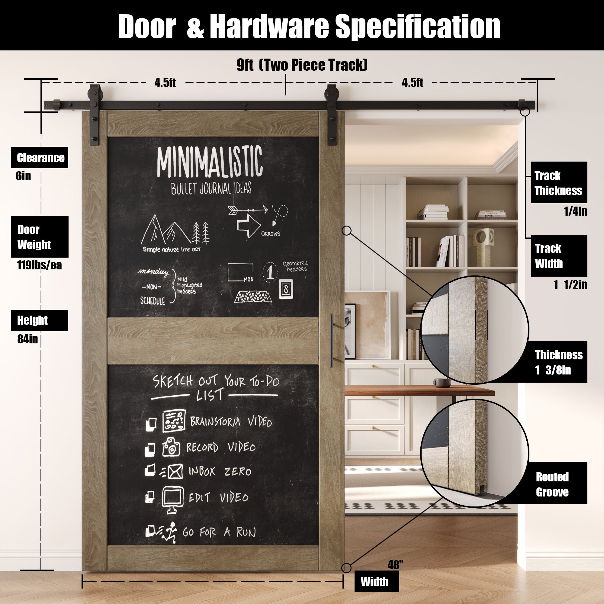 84" Height Classic Gray Chalkboard Design Unassembled & Finished Pine Wood Barn Door with Non-Bypass Installation Hardware Kit (Interior Use Only)