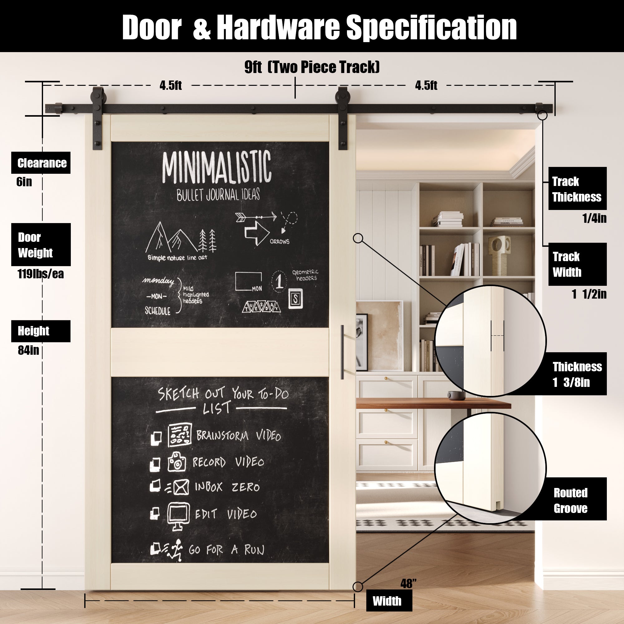 84" Height Tinsmith Gray Chalkboard Design Unassembled & Finished Pine Wood Barn Door with Non-Bypass Installation Hardware Kit (Interior Use Only)