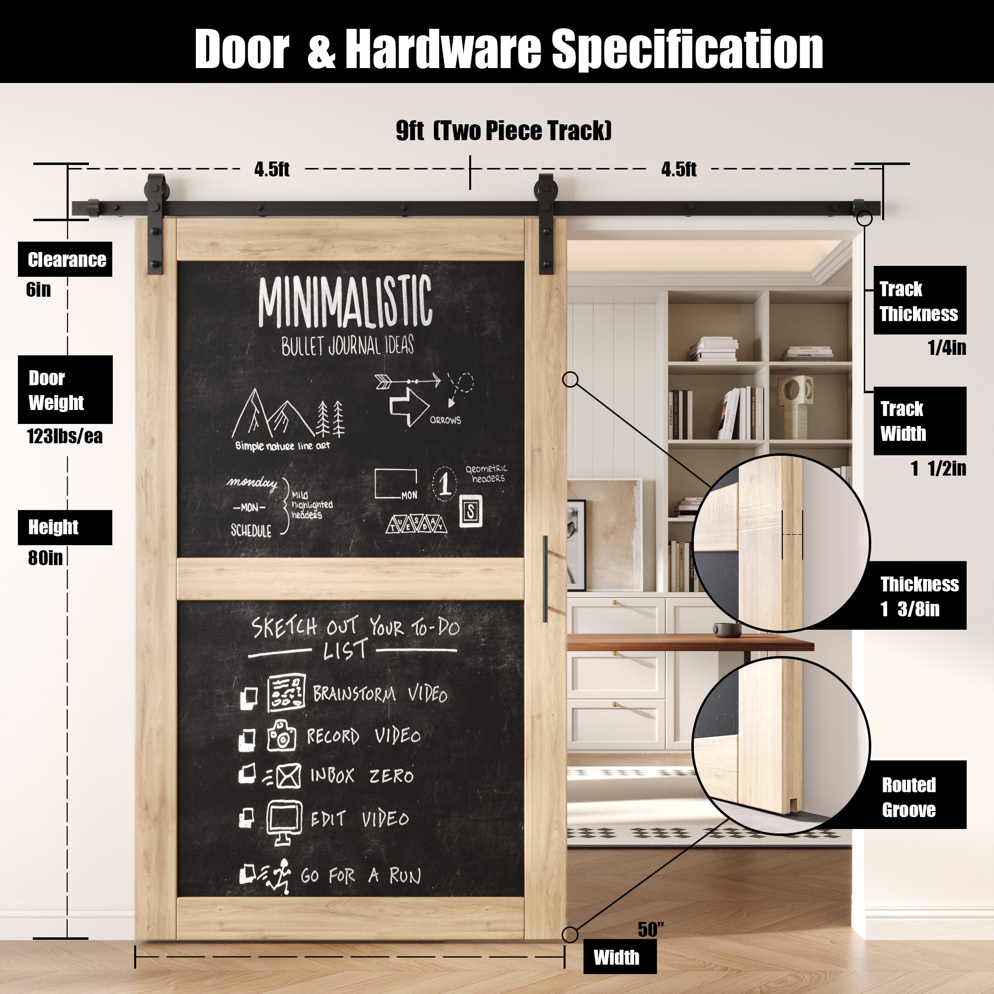 80" Height Chalkboard Design Unassembled & Unfinished Pine Wood Barn Door with Non-Bypass Installation Hardware Kit (Interior Use Only)