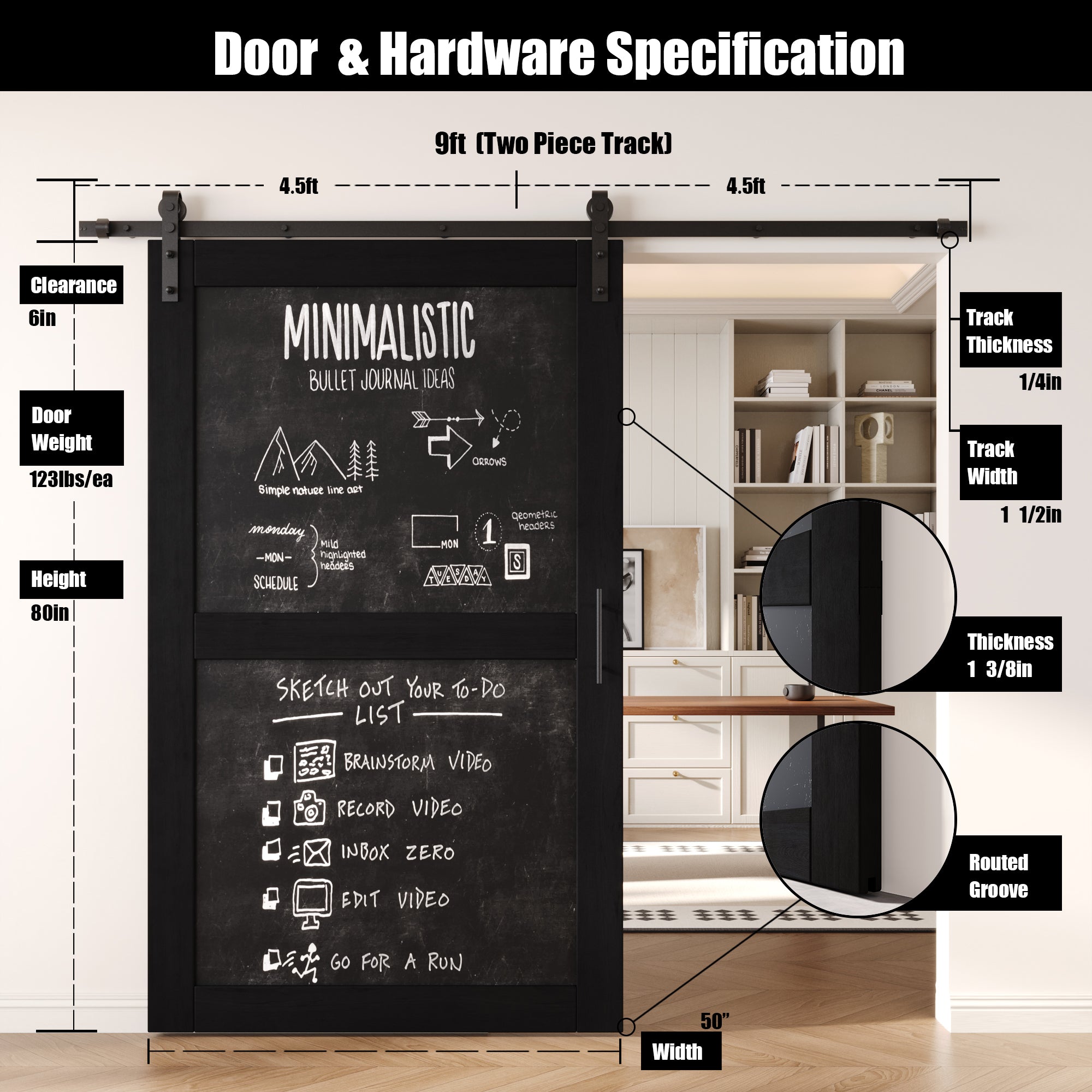 80" Height Black Chalkboard Design Unassembled & Finished Pine Wood Barn Door with Non-Bypass Installation Hardware Kit (Interior Use Only)