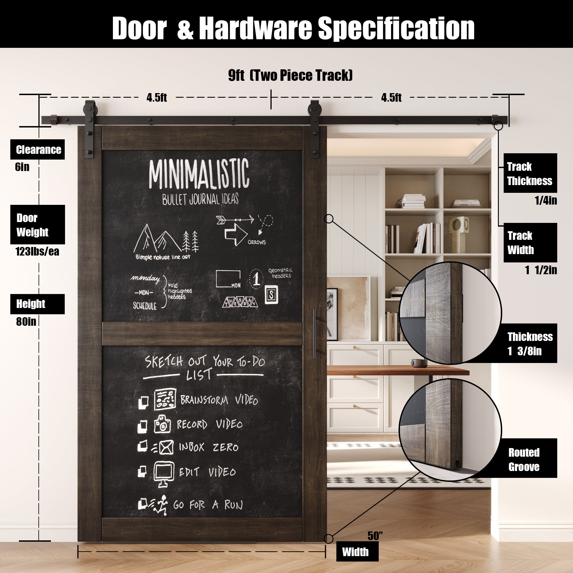 80" Height Ebony Chalkboard Design Unassembled & Finished Pine Wood Barn Door with Non-Bypass Installation Hardware Kit (Interior Use Only)