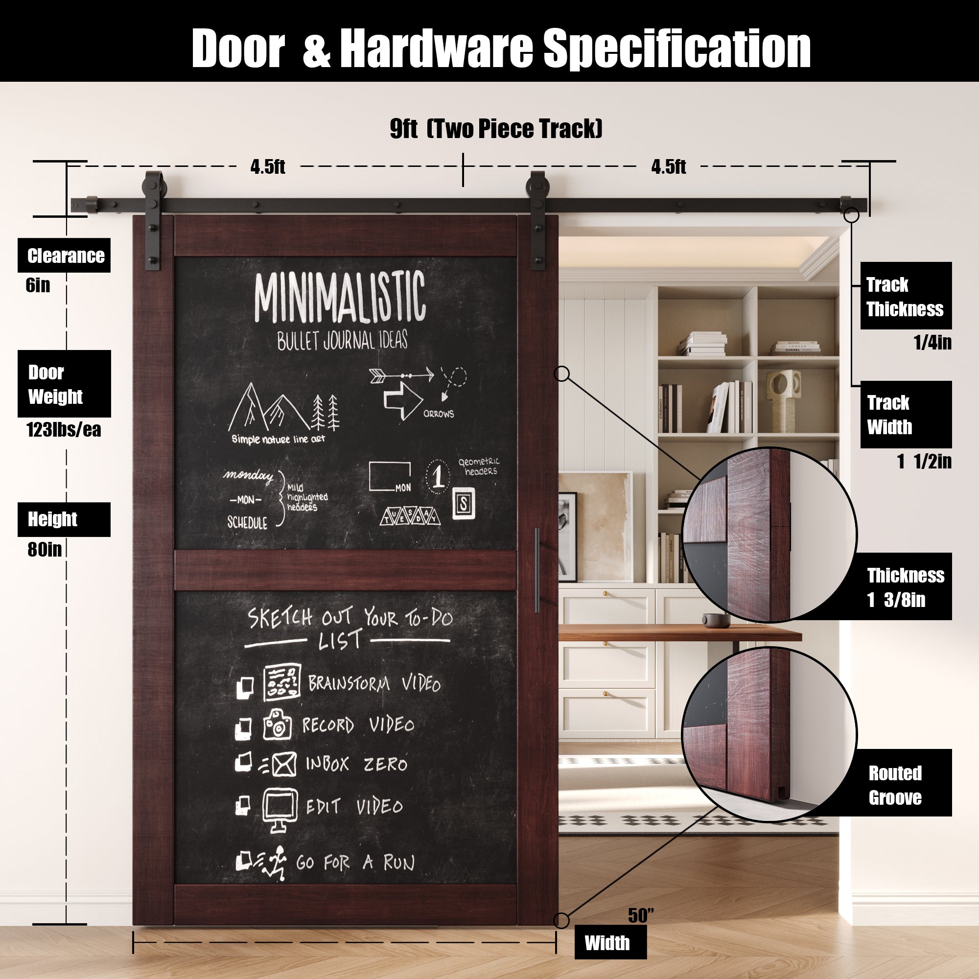 80" Height Red Mahogany Chalkboard Design Unassembled & Finished Pine Wood Barn Door with Non-Bypass Installation Hardware Kit (Interior Use Only)