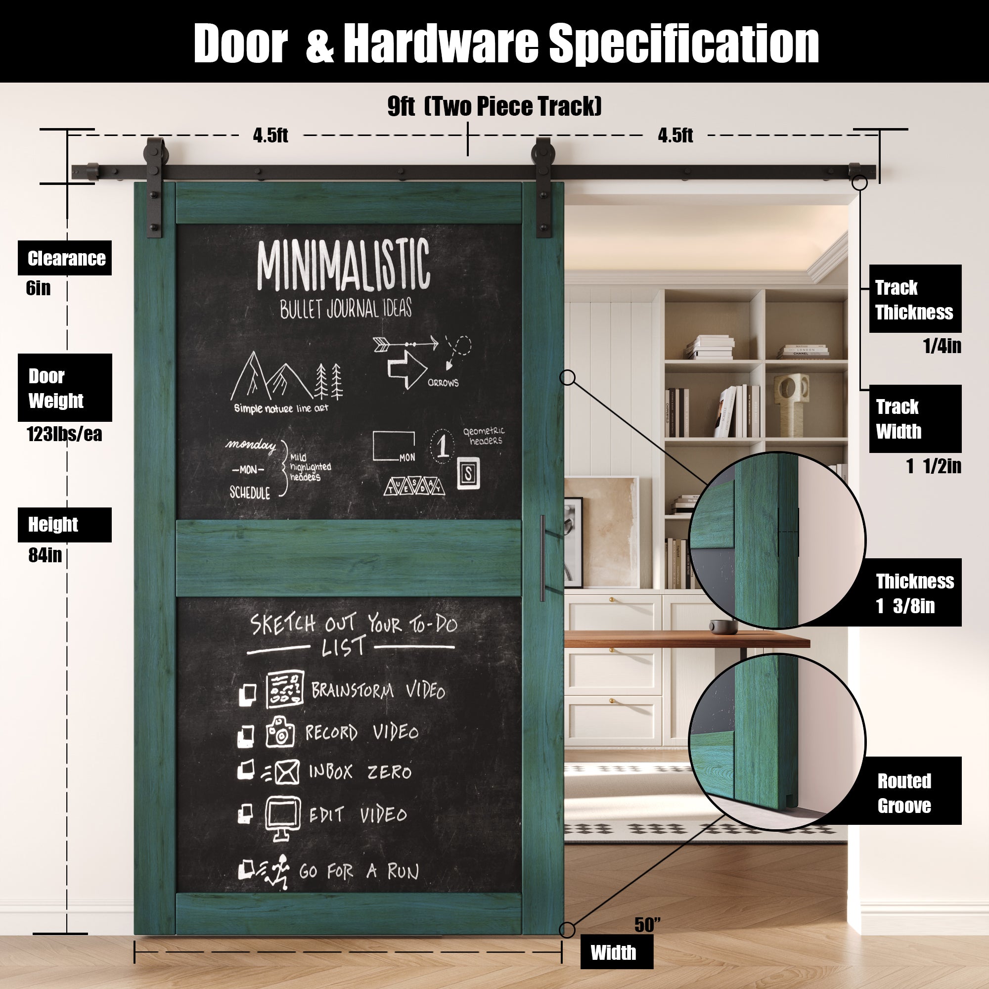 84" Height Royal Pine Chalkboard Design Unassembled & Finished Pine Wood Barn Door with Non-Bypass Installation Hardware Kit (Interior Use Only)