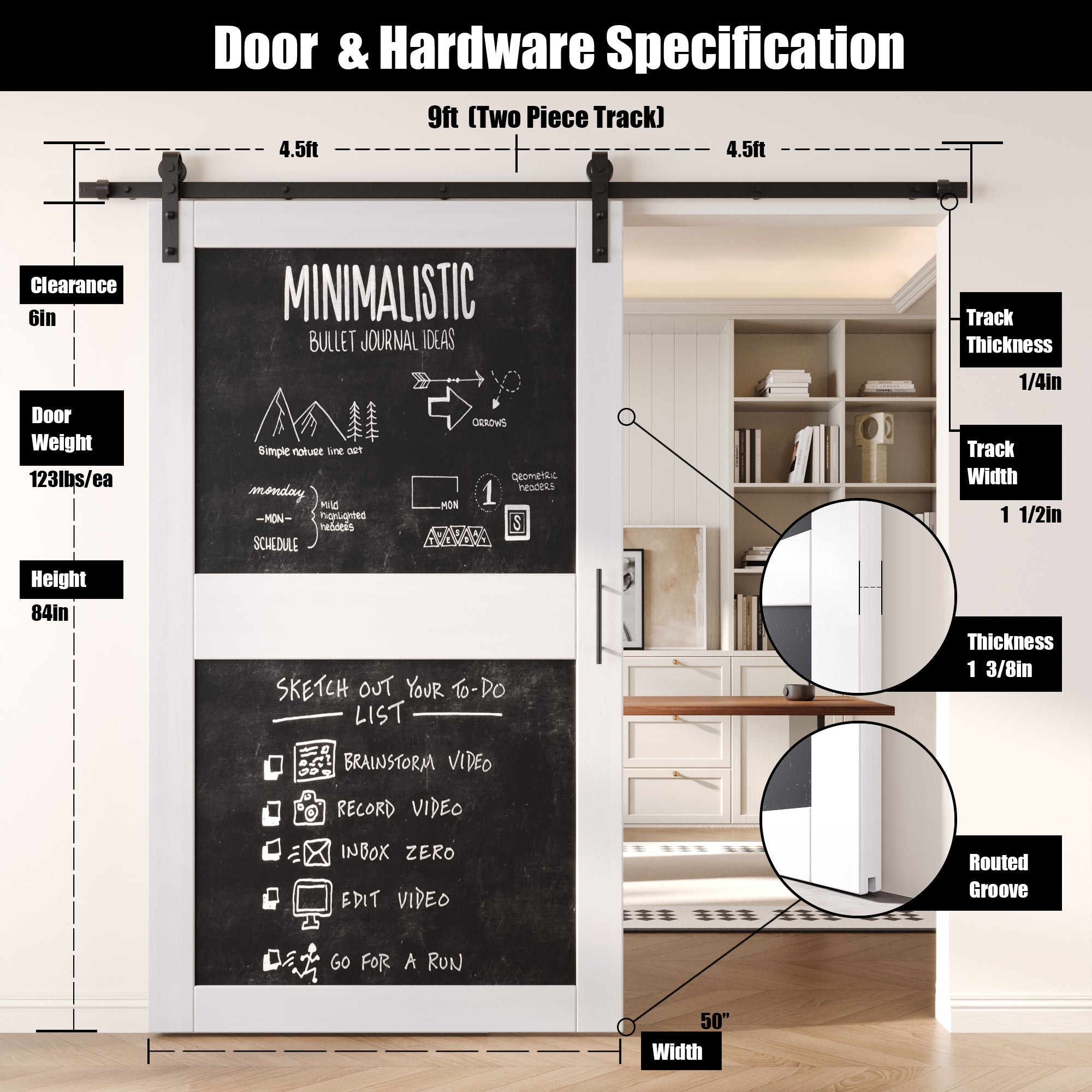 84" Height White Chalkboard Design Unassembled & Finished Pine Wood Barn Door with Non-Bypass Installation Hardware Kit (Interior Use Only)