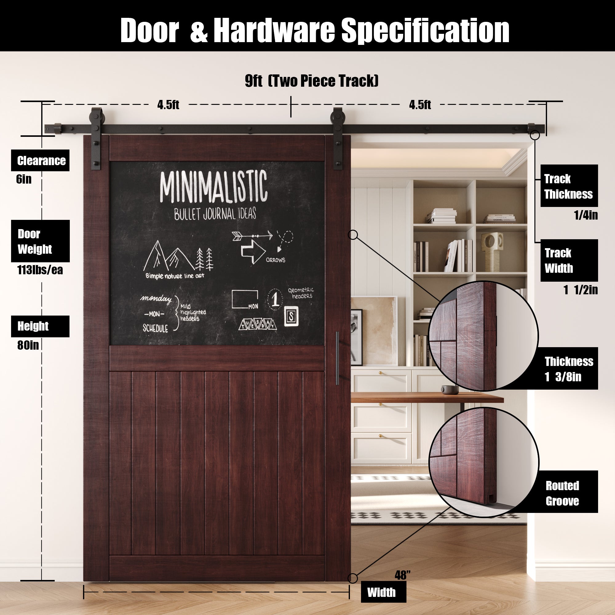 80" Height Red Mahogany Top Chalkboard Panel Unassembled & Finished Pine Wood Barn Door with Non-Bypass Installation Hardware Kit (Interior Use Only)