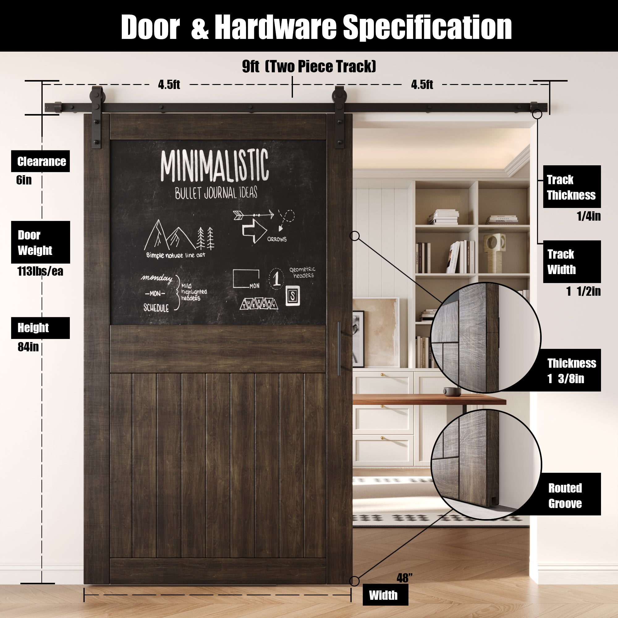 84" Height Ebony Top Chalkboard Panel Unassembled & Finished Pine Wood Barn Door with Non-Bypass Installation Hardware Kit (Interior Use Only)