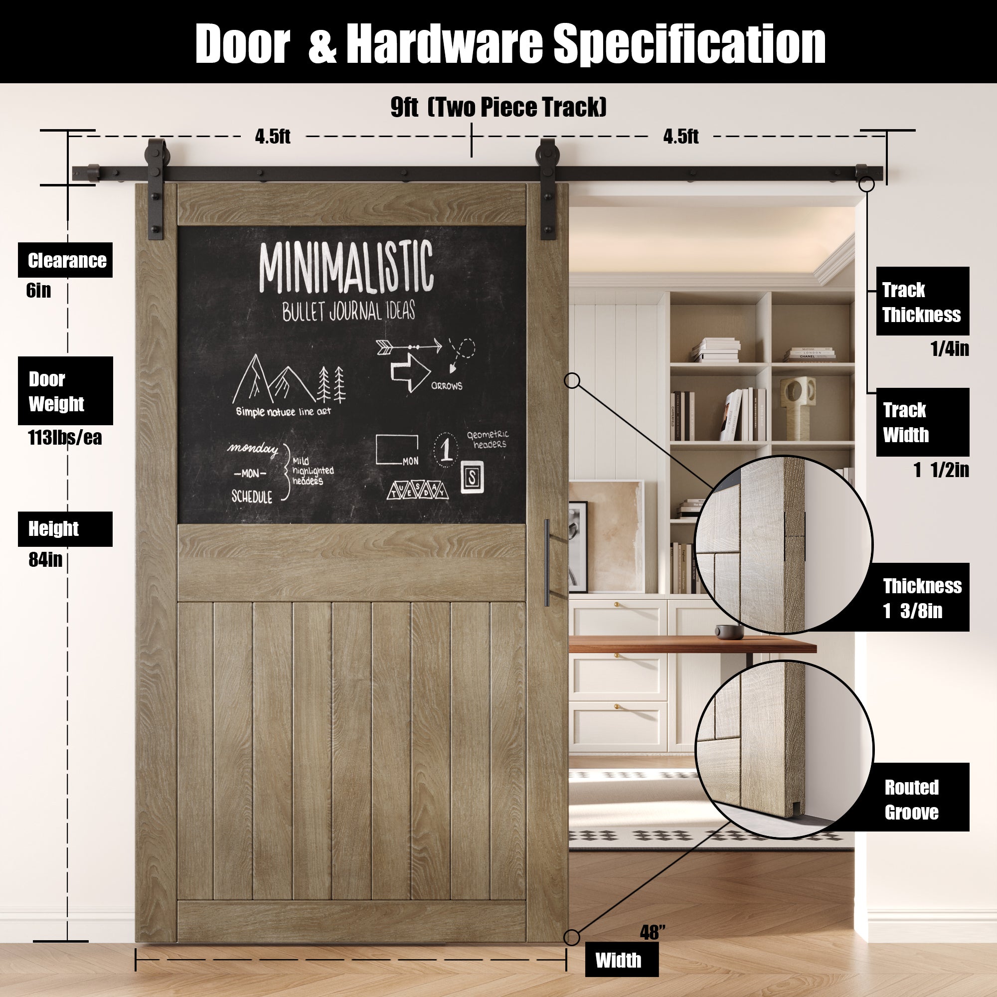 84" Height Classic Gray Top Chalkboard Panel Unassembled & Finished Pine Wood Barn Door with Non-Bypass Installation Hardware Kit (Interior Use Only)