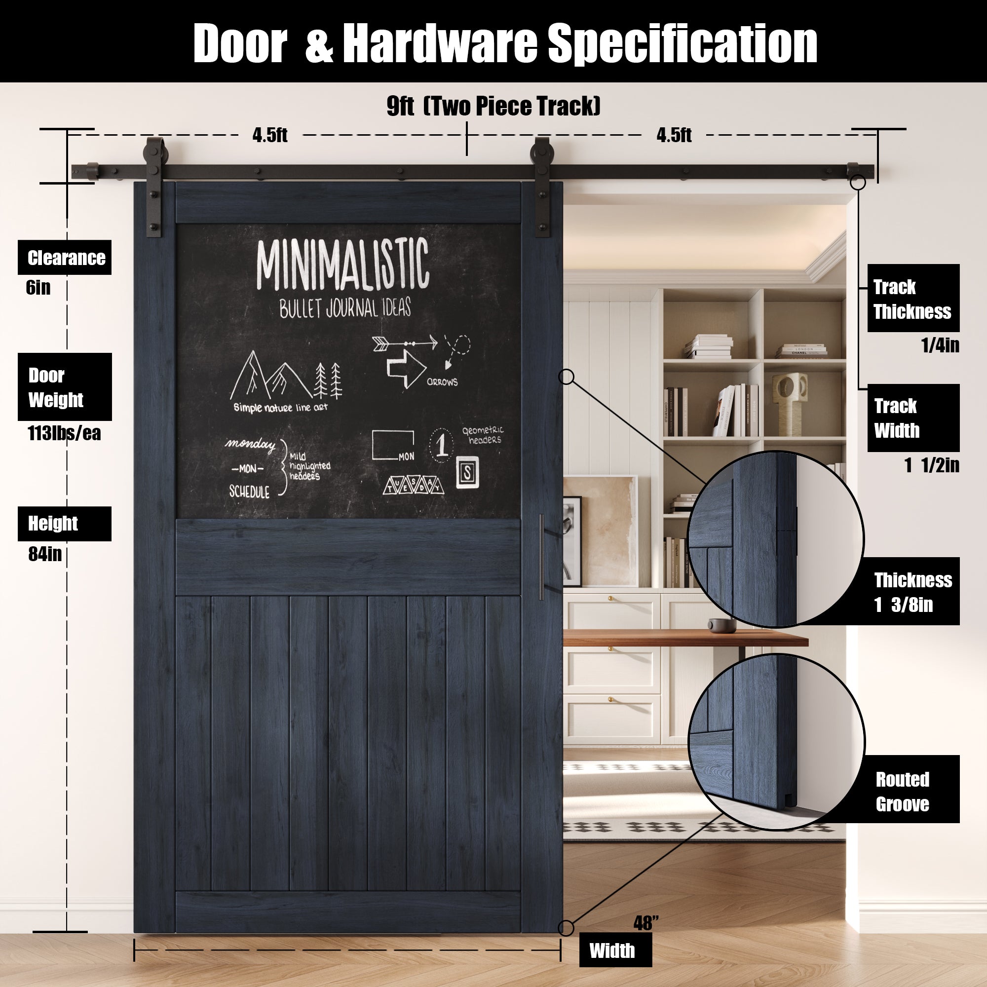 84" Height Navy Top Chalkboard Panel Unassembled & Finished Pine Wood Barn Door with Non-Bypass Installation Hardware Kit (Interior Use Only)
