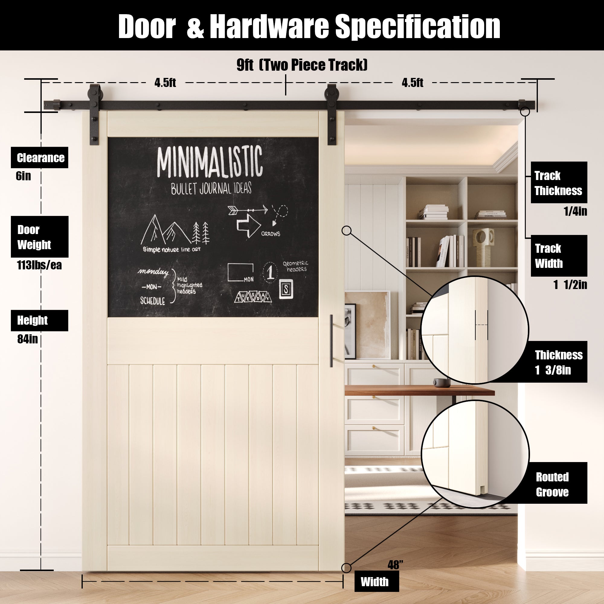 84" Height Tinsmith Gray Top Chalkboard Panel Unassembled & Finished Pine Wood Barn Door with Non-Bypass Installation Hardware Kit (Interior Use Only)