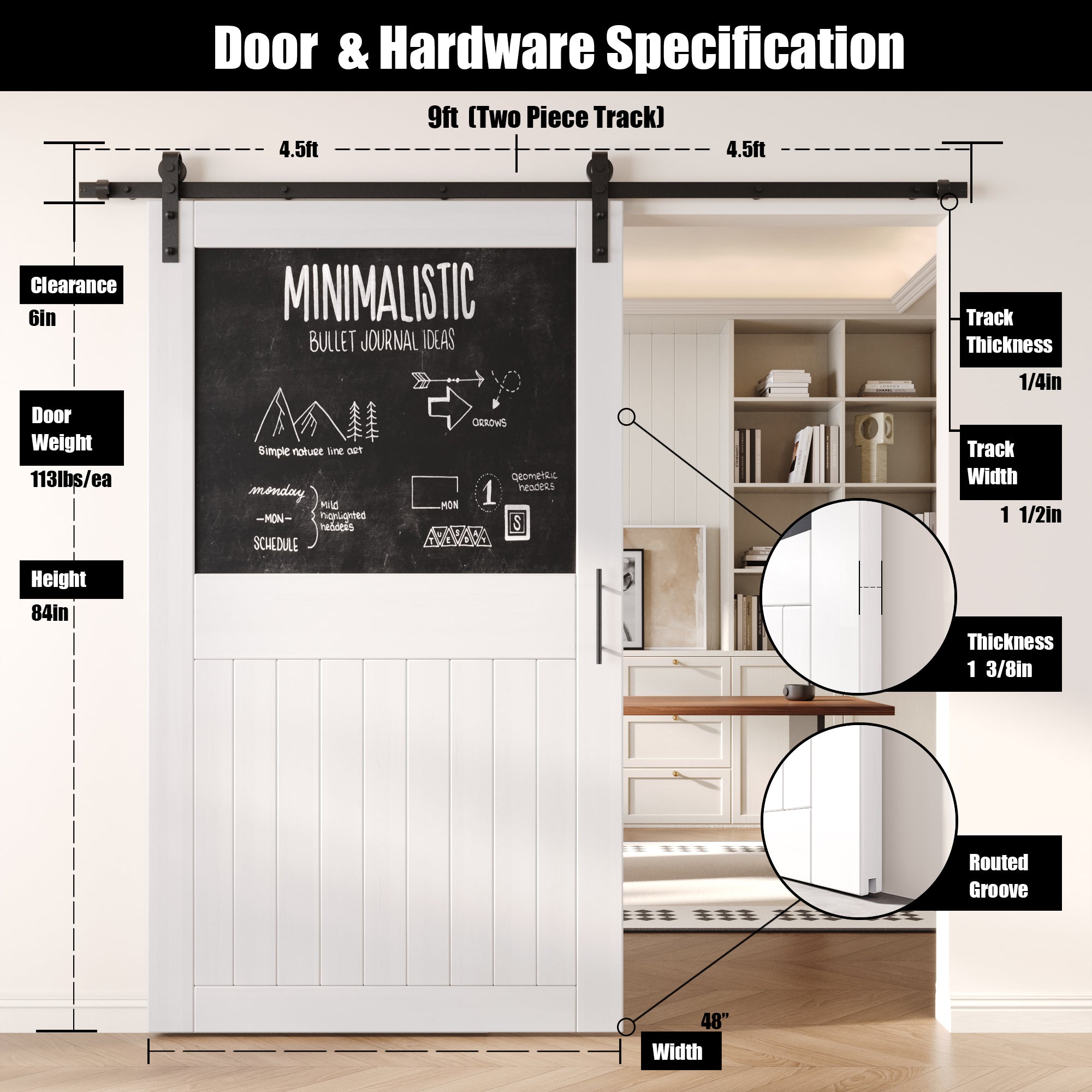 84" Height White Top Chalkboard Panel Unassembled & Finished Pine Wood Barn Door with Non-Bypass Installation Hardware Kit (Interior Use Only)